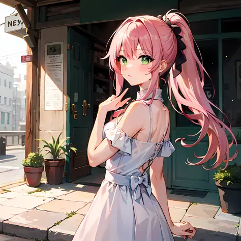 Anime girl with pink hair and green eyes standing on sidewalk, cute anime waifu in a nice dress, pink twintail hair and cyan eye...