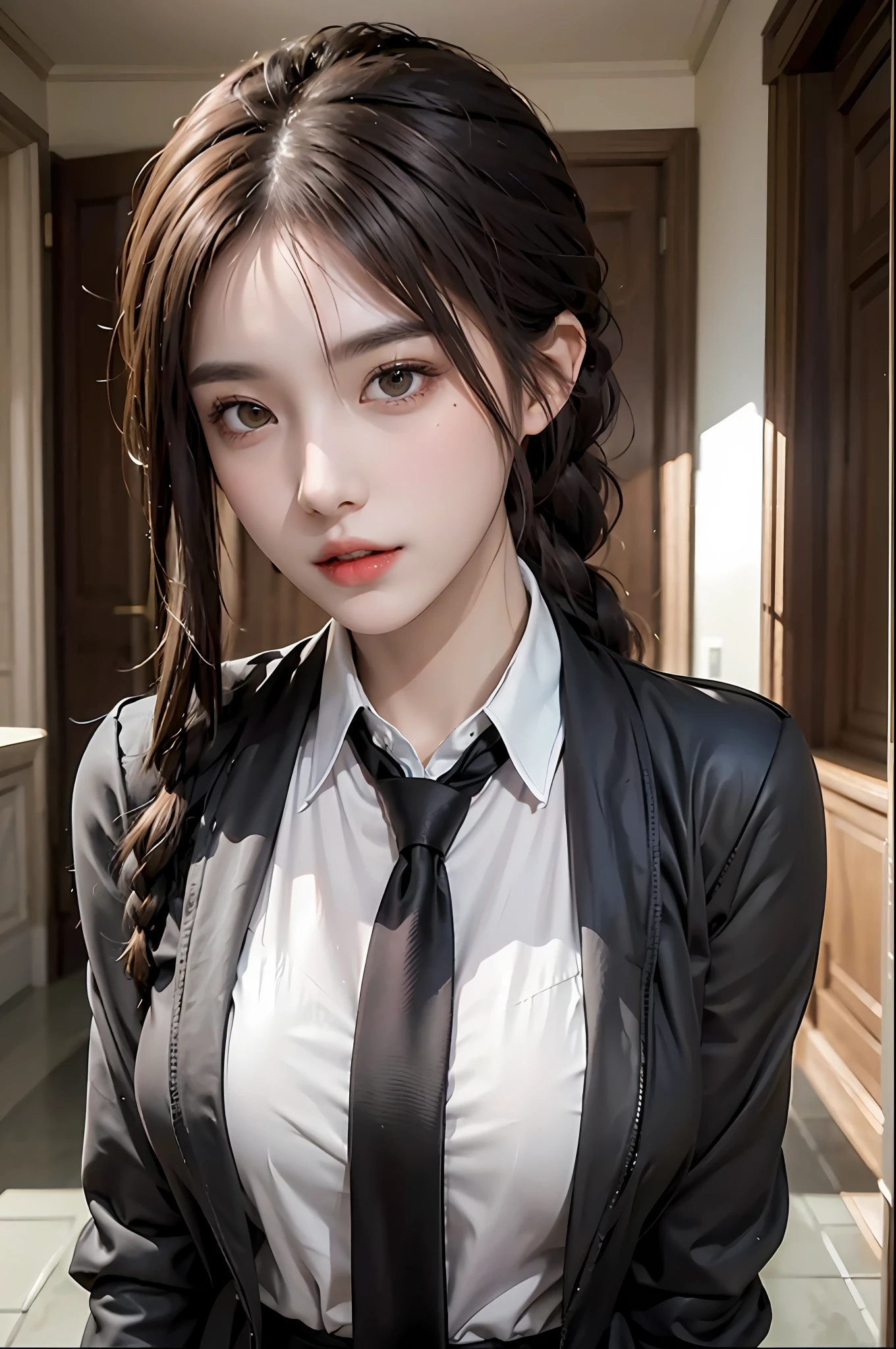 photorealistic, high resolution, 1 girl, hips up, beautiful eyes,black suit,makima,braided ponytail,ringed eyes,collared shirt,black necktie,black pants