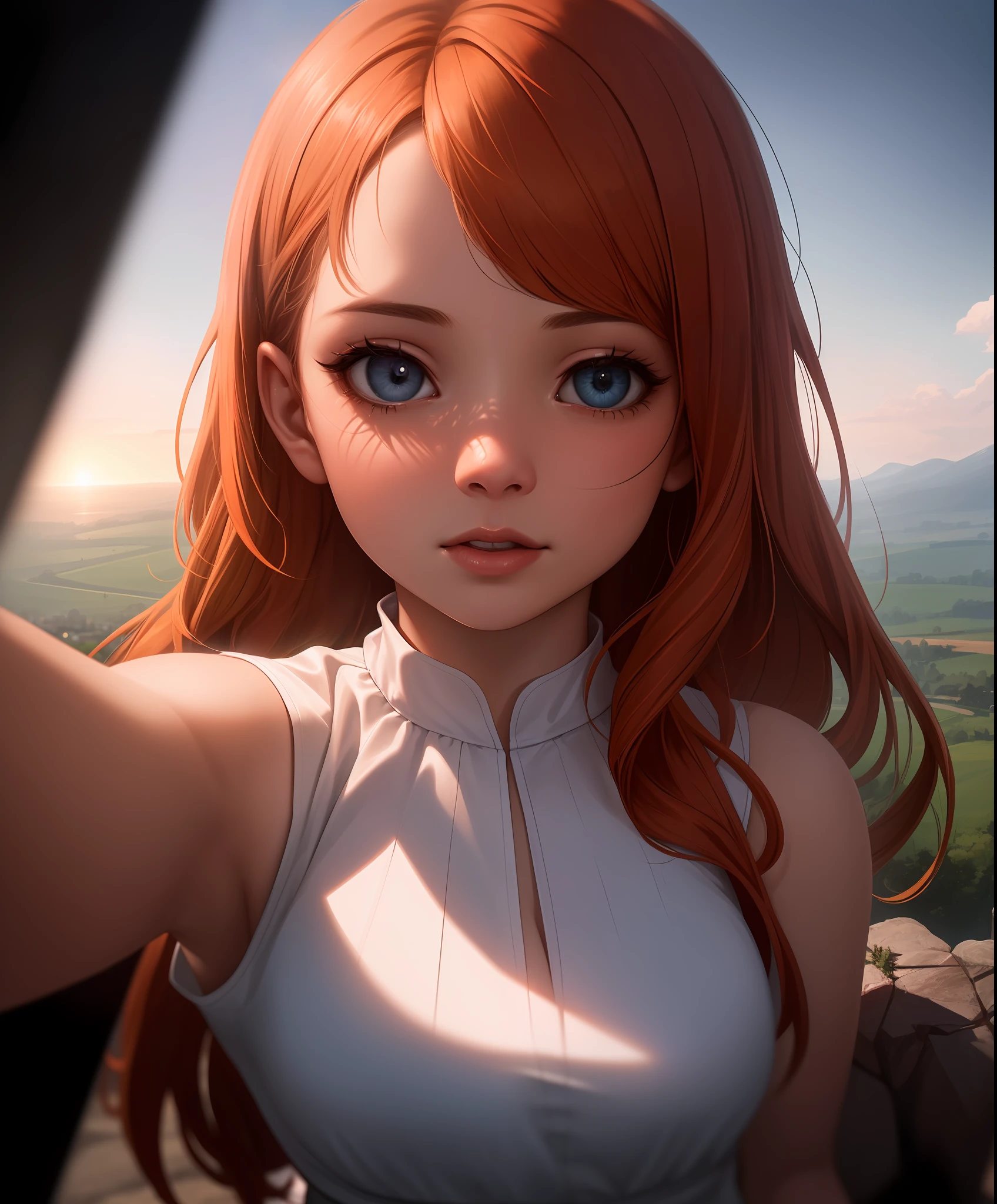 anime style, model shoot style, (upper body) (selfie:1.7) of a ((little girl:1.6)), (1girl:1.3), (orange hair, long hair:1.3), (white dress:1.3, landscape in the background:1.5), ((beautiful face: 1.7, perfect face:1.5)), (best quality:1.5, hyperrealistic:1.5, photorealistic:1.4, Madly detailed CG unity 8k wallpaper:1.5, masterpiece:1.3, Madly detailed photo:1.2), (hyper-realistic lifelike texture:1.4, realistic eyes:1.2), (octane render, unreal engine 5), (ecstasy of light and shadow:1.5, deep shadow:1.5), (sony a7, 50 mm, film grain:1.5, 4K UHD HDR), (photo by lee jeffries, Greg Rutkowski and Magali Villanueva)