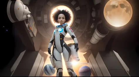 panoramic, a black-skinned girl with curly hair in the foreground floats inside a large gravitational capsule, dynamic angle, (p...