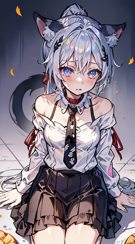 Full body, (PadoruMeme 1girl), ponytail, animal ears, cat ears, collar, tie, tie, off-the-shoulder, blush, animal ear flull