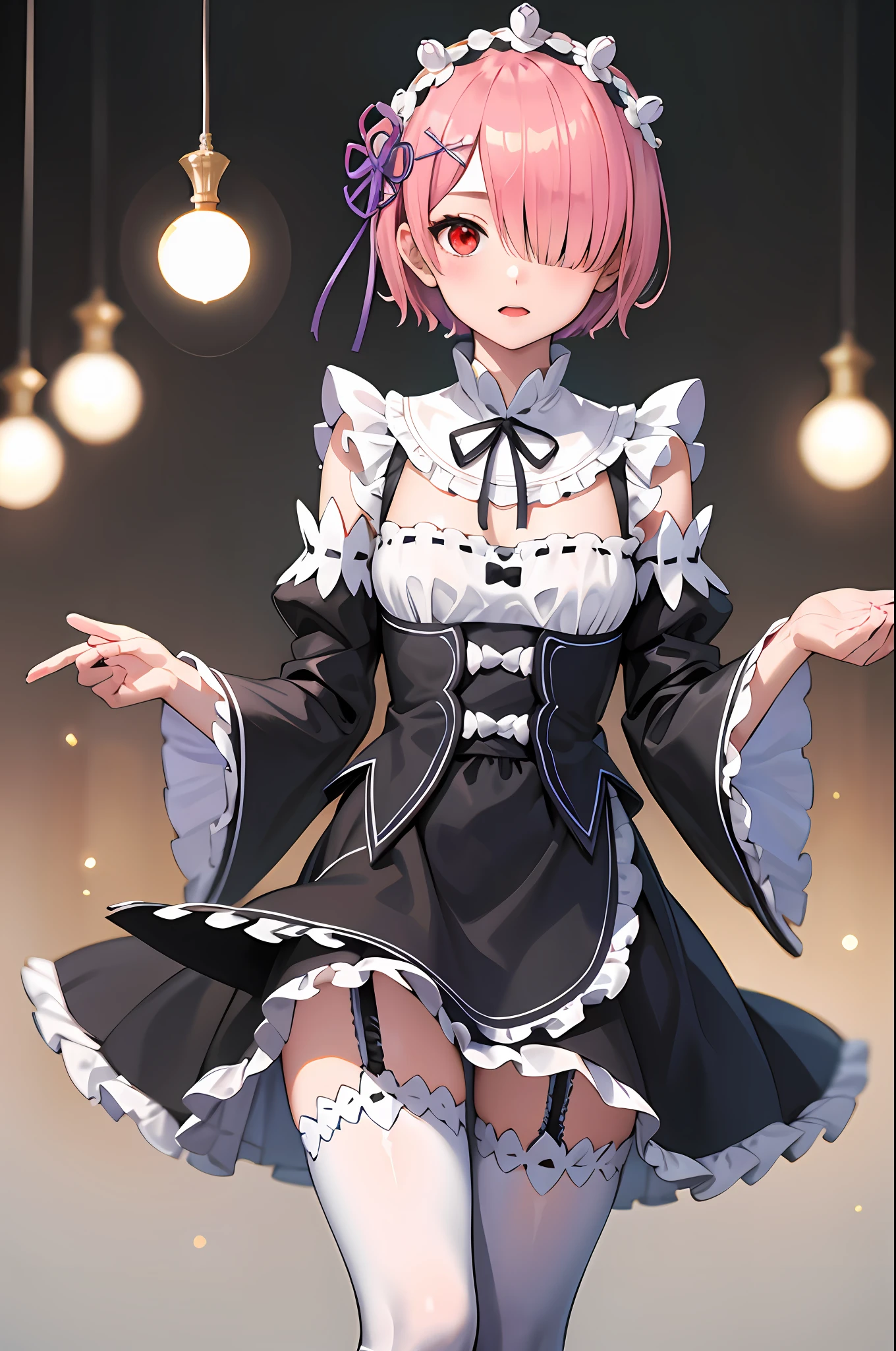 masterpiece, best quality, highres, ram1, 1girl, solo, ram \(re:zero\), pink hair, white thighhighs, short hair, red eyes, hair over one eye, ribbon trim, hair ribbon, x hair ornament, frills, maid headdress, waist apron, garter straps, black ribbon, small breasts, long sleeves, white apron, neck ribbon, purple ribbon, wide sleeves, hair flower,