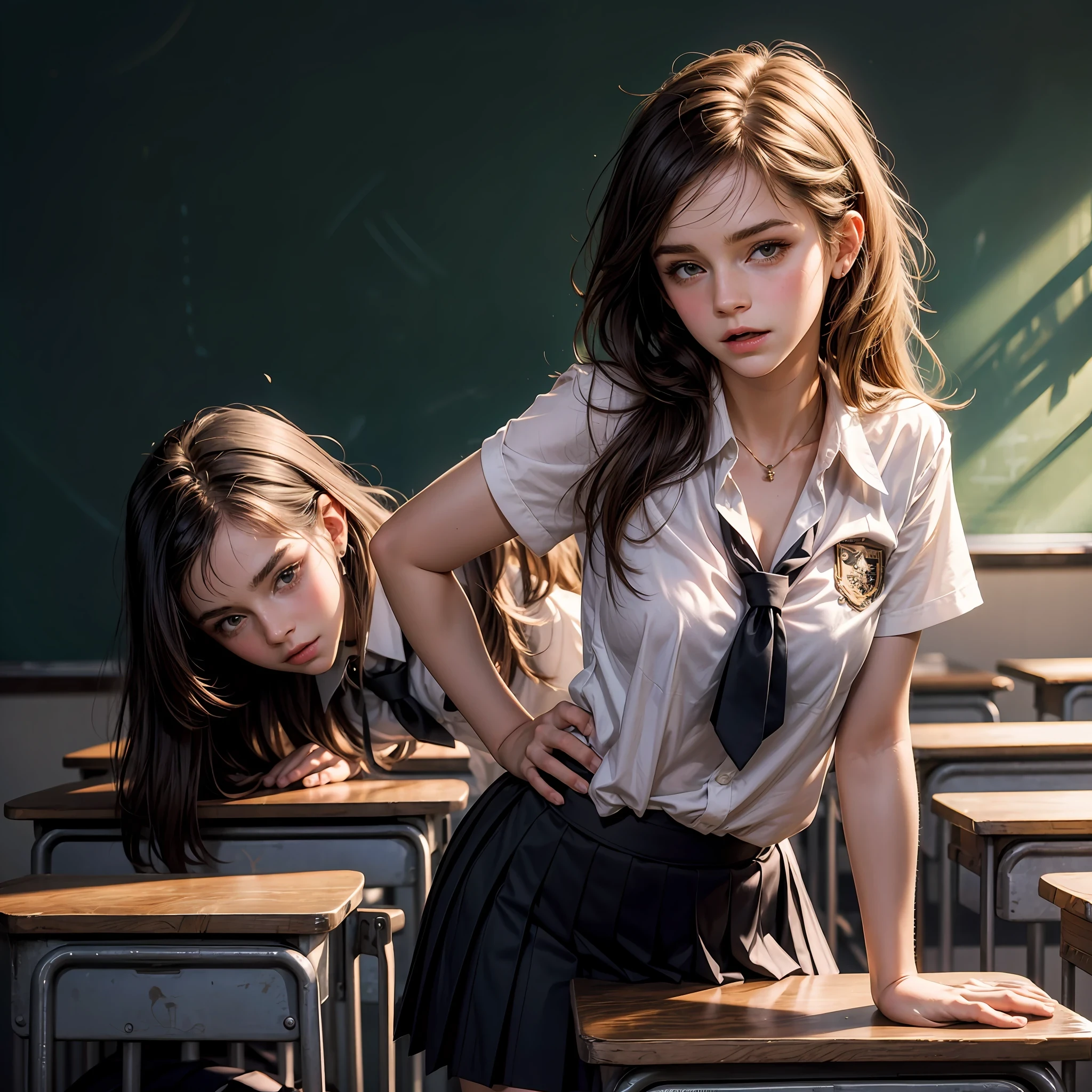 There are two girls in a classroom with desks and a chalkboard - SeaArt AI