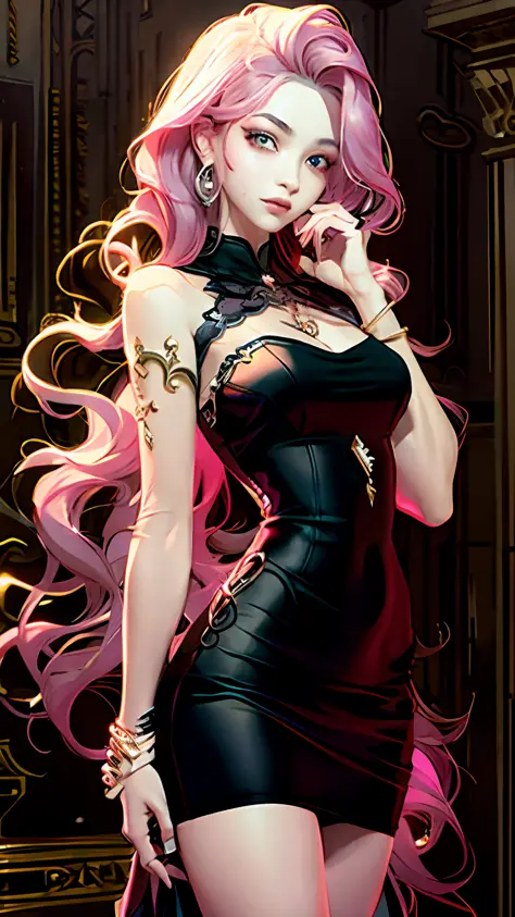 There is a woman with pink hair wearing a black dress,Chest semi-sheer gauze pose, 8K high quality detailed art, Ross Tran style...