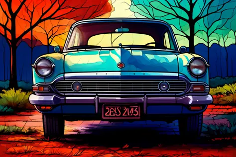 painting in the style of of an abandoned car , navy_blue tones and pale_geen highlights