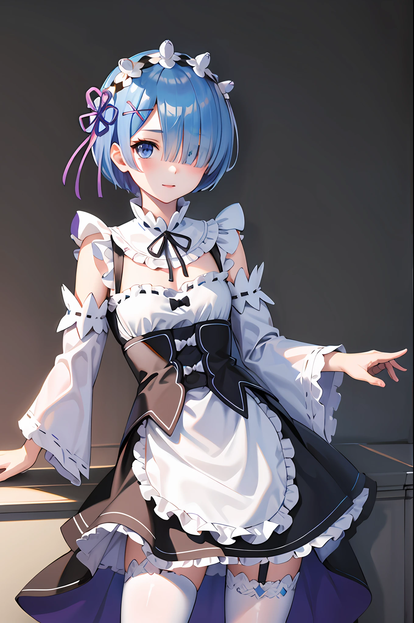 ​masterpiece, top-quality, Hi-Res, REM 1, 1girl in, 独奏, Remu\(re:Zero\), Blue hair, white thighhig, shorth hair, blue eyess, Hair above one eye, Ribbon Trim, Hair Ribbon, X Hair Ornament, frilld, Maid Headdress, waist apron, garter strap, Black ribbon, small tits, long-sleeve, White apron, Ribbon around the neck, Purple ribbon, Wide sleeves, flower in hair,