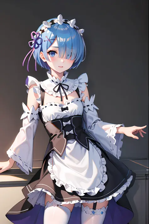 ​masterpiece, top-quality, hi-res, rem 1, 1girl in, 独奏, remu\(re:zero\), blue hair, white thighhig, shorth hair, blue eyess, hai...