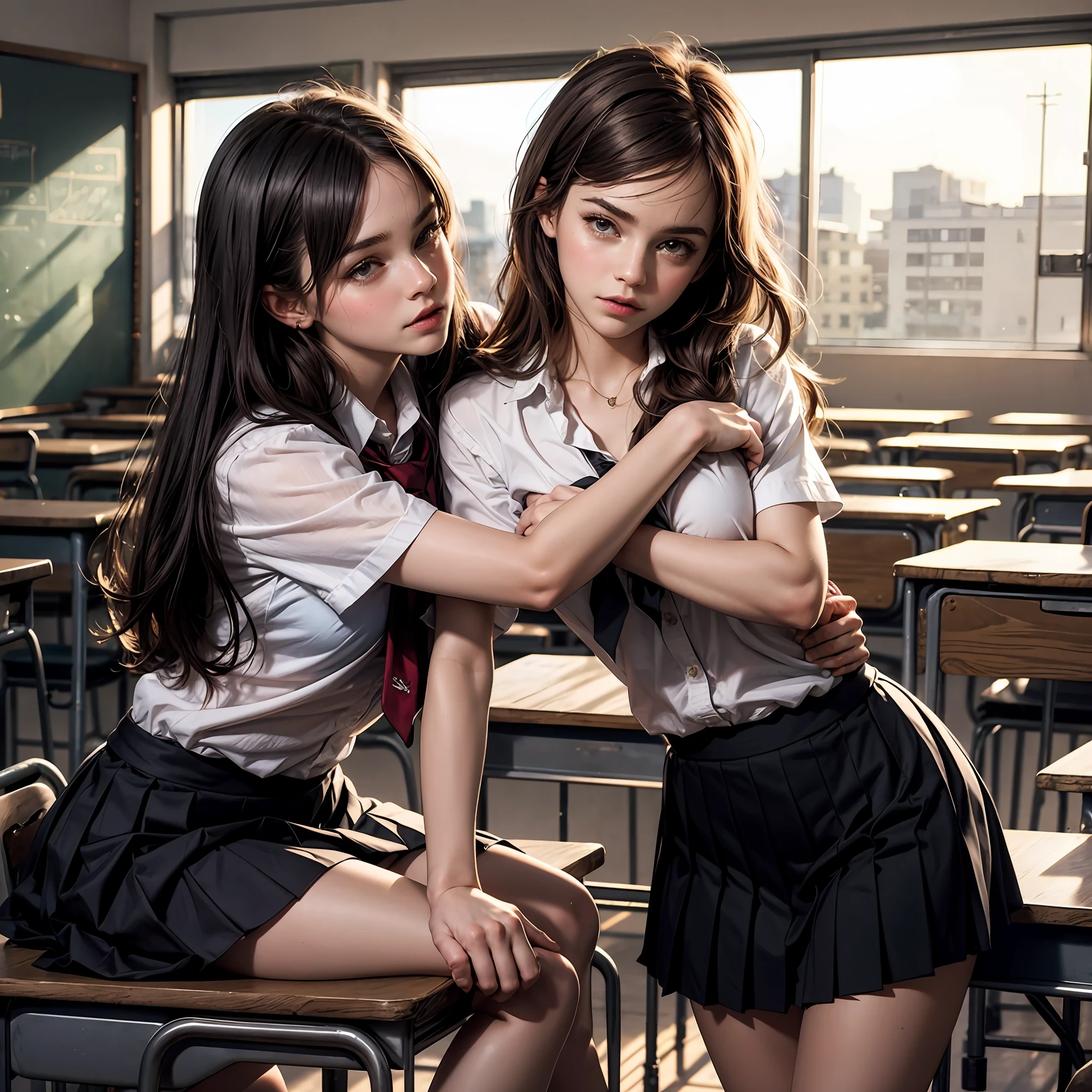 Two women in school uniforms sitting on desks in a classroom - SeaArt AI