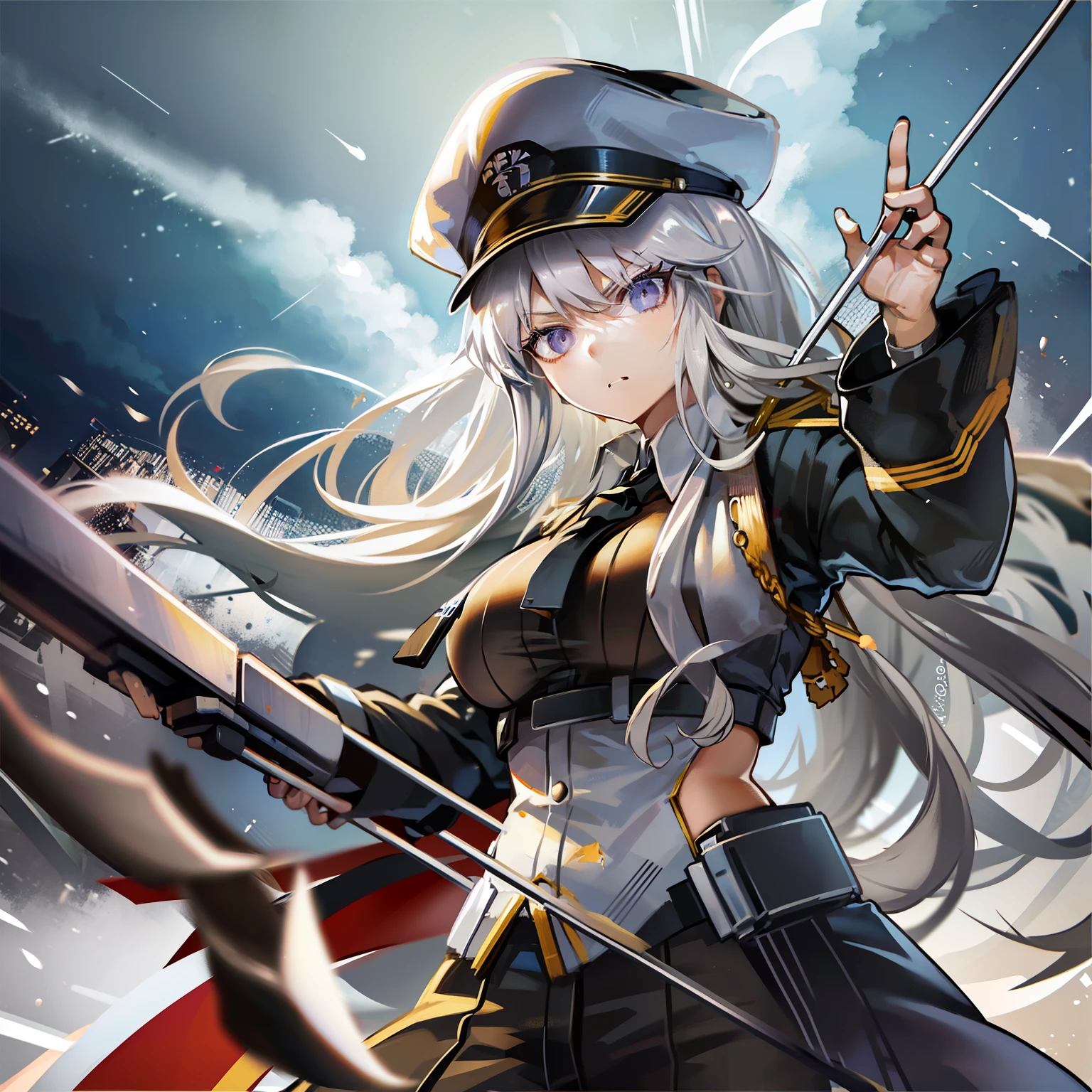 enterprise, epic pose, large hair, archery, combat pose, 1person, serious face, battle damage, high quality, marine uniform, gorra