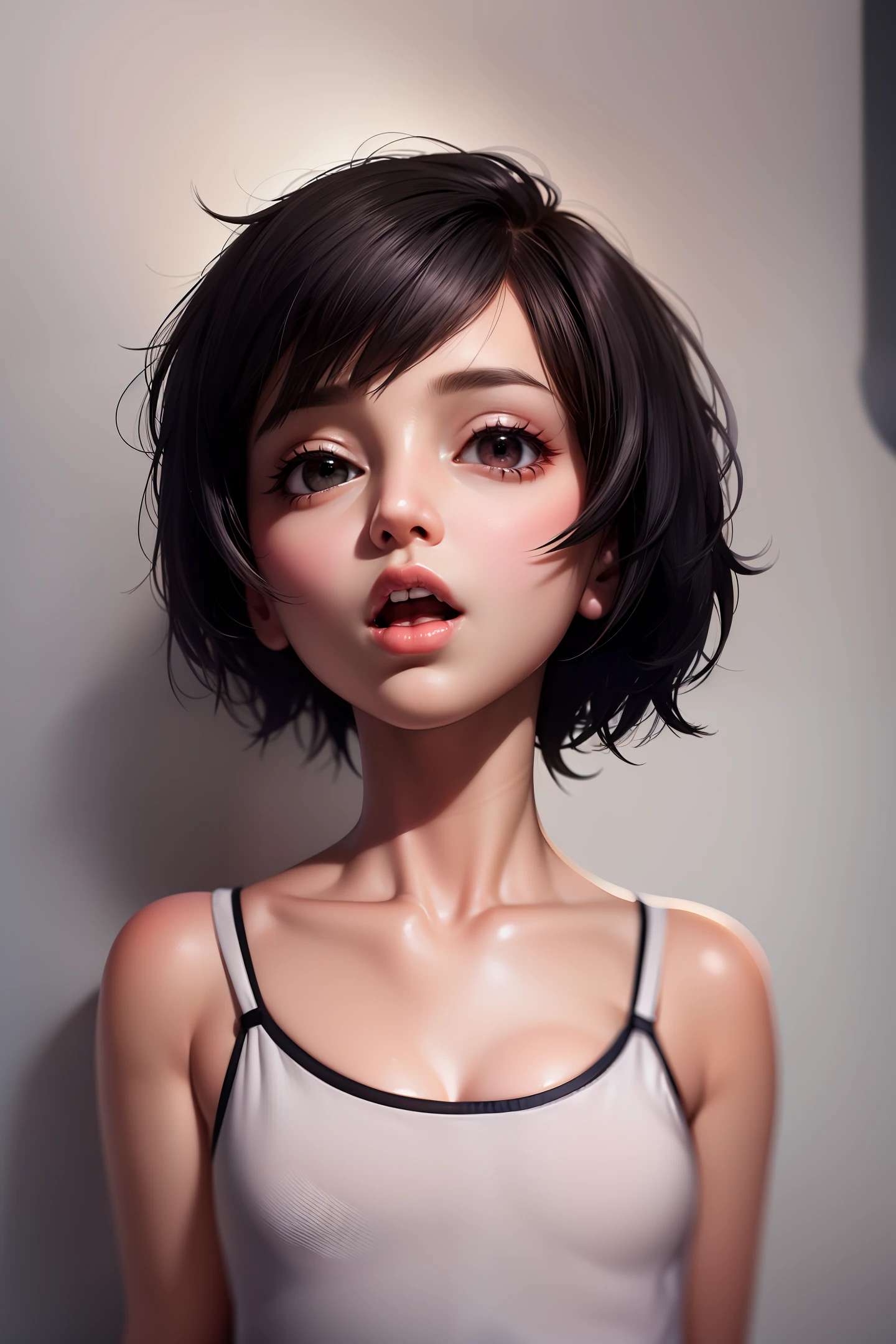 A woman with a short black hair and a white tank top - SeaArt AI