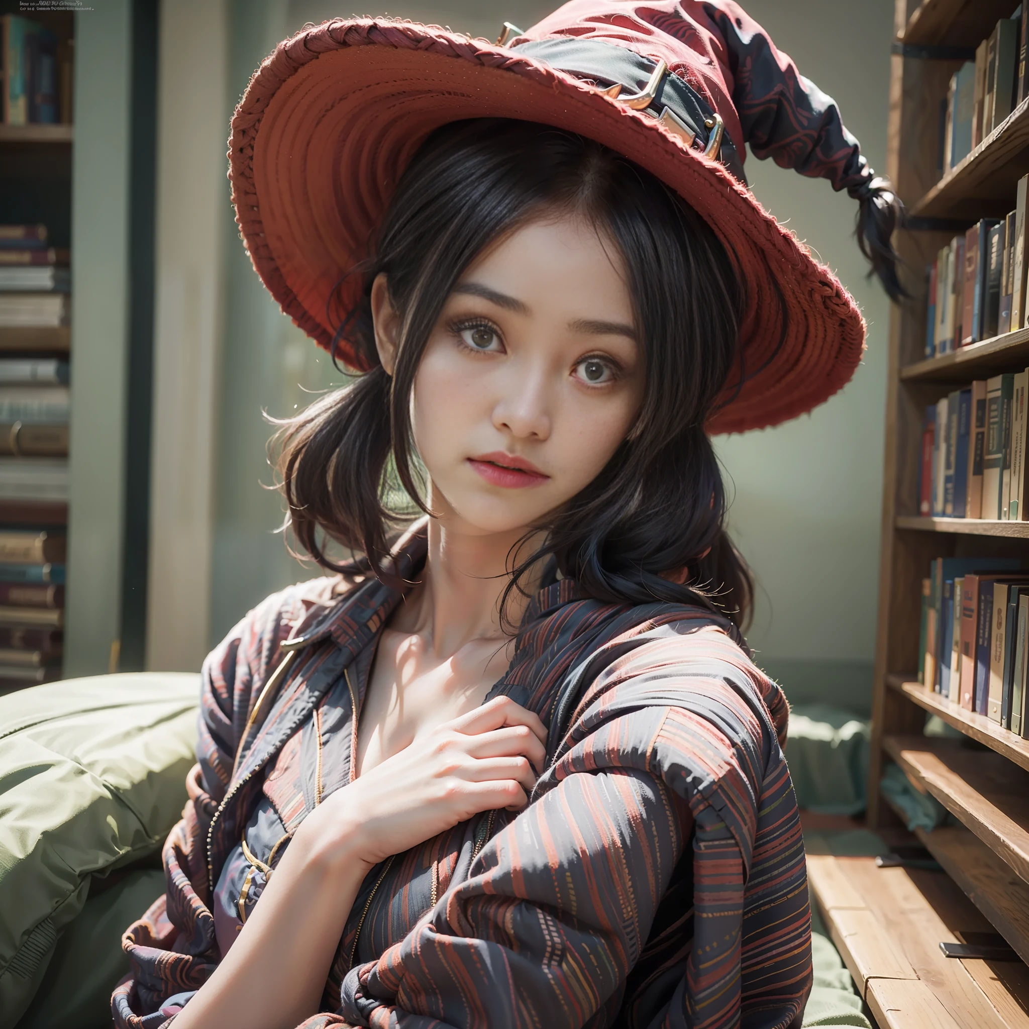 (masterpiece), (best quality), photorealism, realistic, ultra detailed, 8k resolution, (1girl), solo, beautiful girl, black twintail hair, sexy, witch, front light, cinematic light, cold light, library , witch hat, red clothes, indoor, mystery, fantasy, , small breast, exposed breast