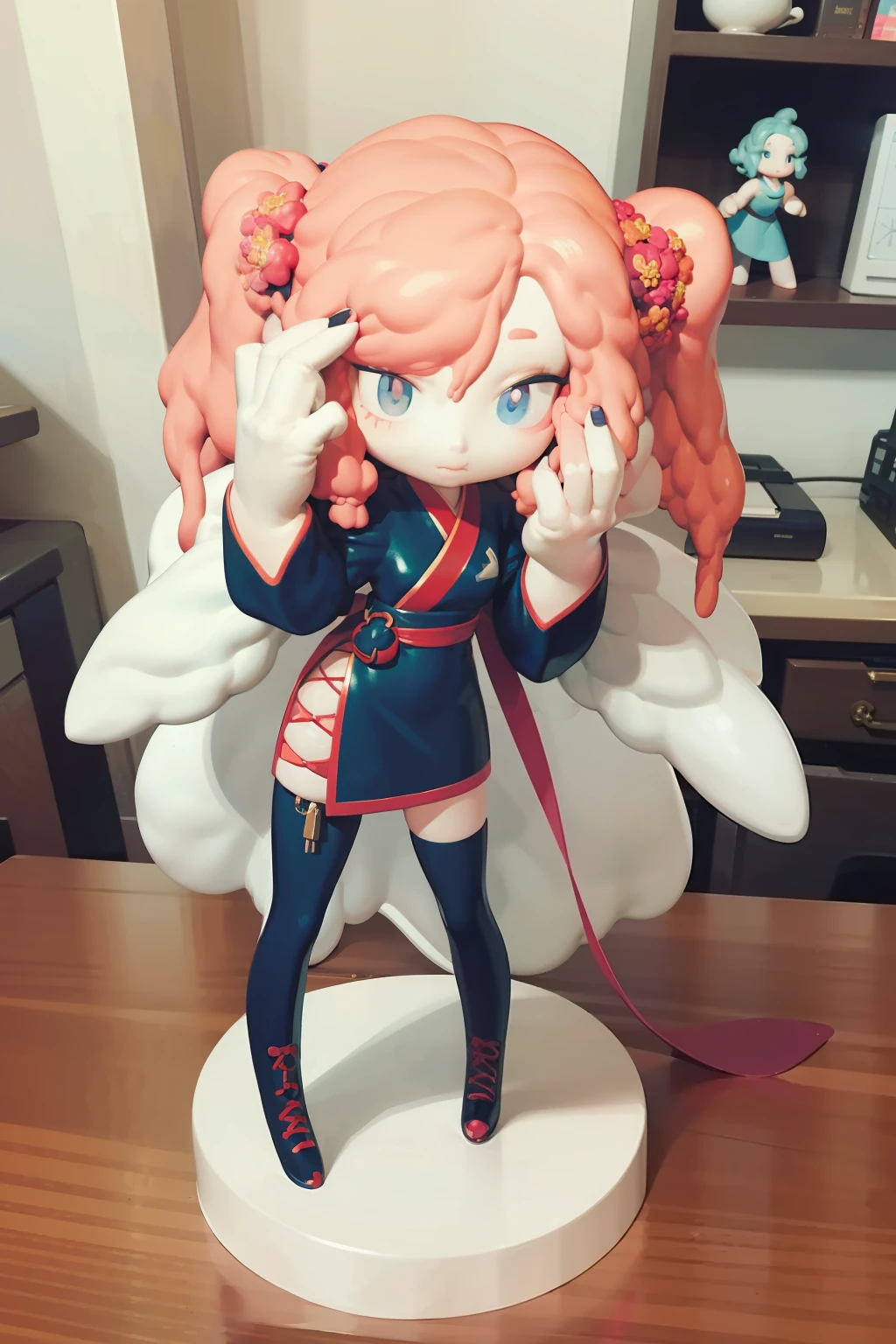 1 girl,chibi, masterpiece, the best quality, (blind box figurine), kitsune girl, unboxing, high detailed, hyperrealistic, shiny, (((on desk))) (figurine:1.5)