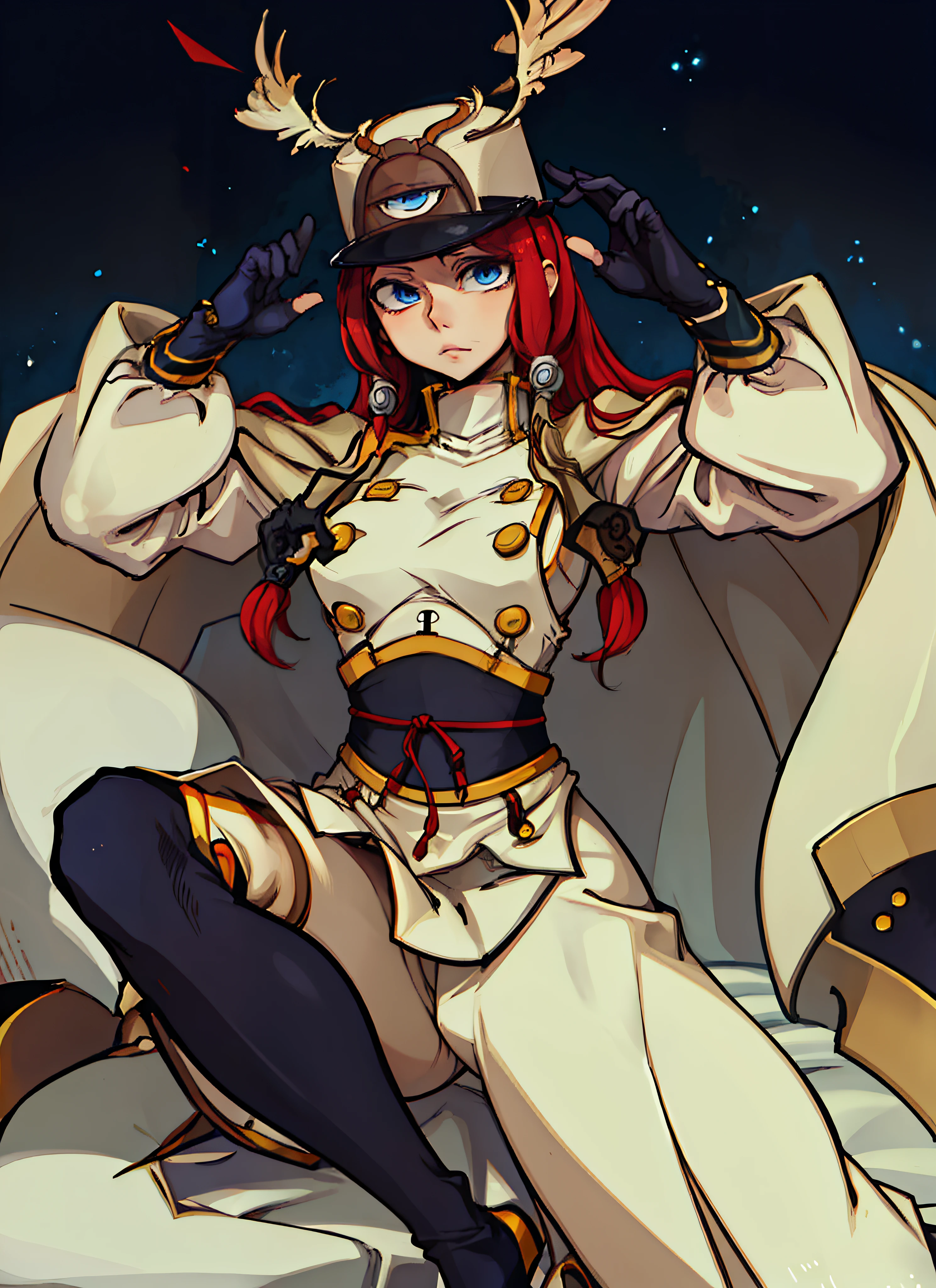 (((masterpiece, best quality, high resolution))),soft lighting, 1girl, tsubakims, hair tubes, hat, gloves, uniform, cape, military uniform, head wings, blazblue, Tsubaki yayoi, sexy pose, arms and hands down at side