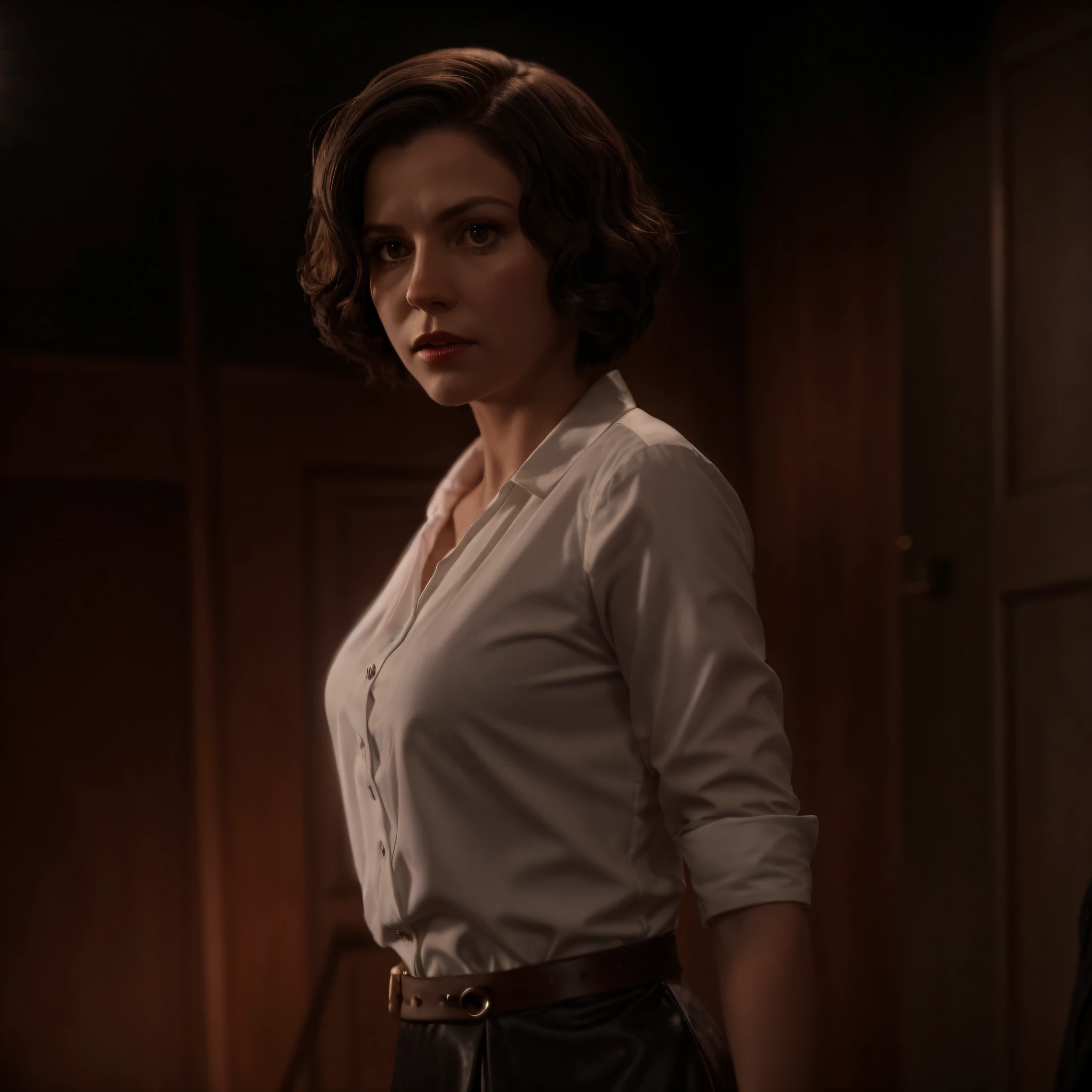 A middle-aged woman around 25 years old wearing a white shirt and black dress stood in the room， Live-action，Photoreal，《Mafia 1》Sarah in the remake，Belpopa，《god father》Kay Adams，Diane Keaton when he was young，Elizabeth is in BioShock Infinite, heroines, cinematic soft lighting, good cinematic lighting, Inspired by Ida Gladys Killings, Cinematic top lighting, Moody dim light, highly detailed soft lighting, realistic soft lighting, With cinematic lighting, gorgeous cinematic lighting, beautiful cinematic light, great cinematic lighting，best qualtiy