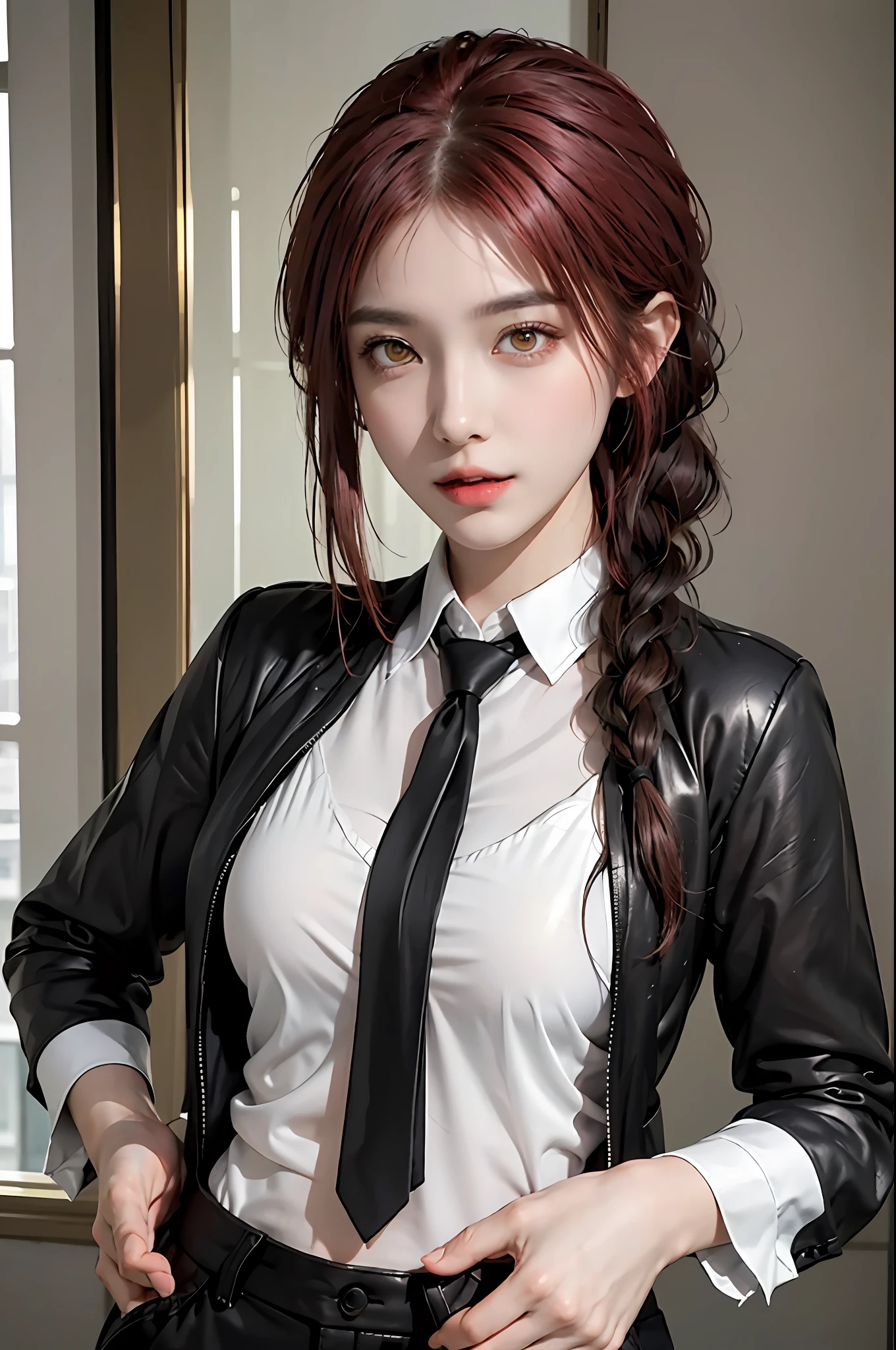 photorealistic, high resolution, 1 girl, hips up, beautiful eyes,black suit,makima,braided ponytail,red hair, ringed eyes, gold eyes, collared shirt,black necktie,black pants