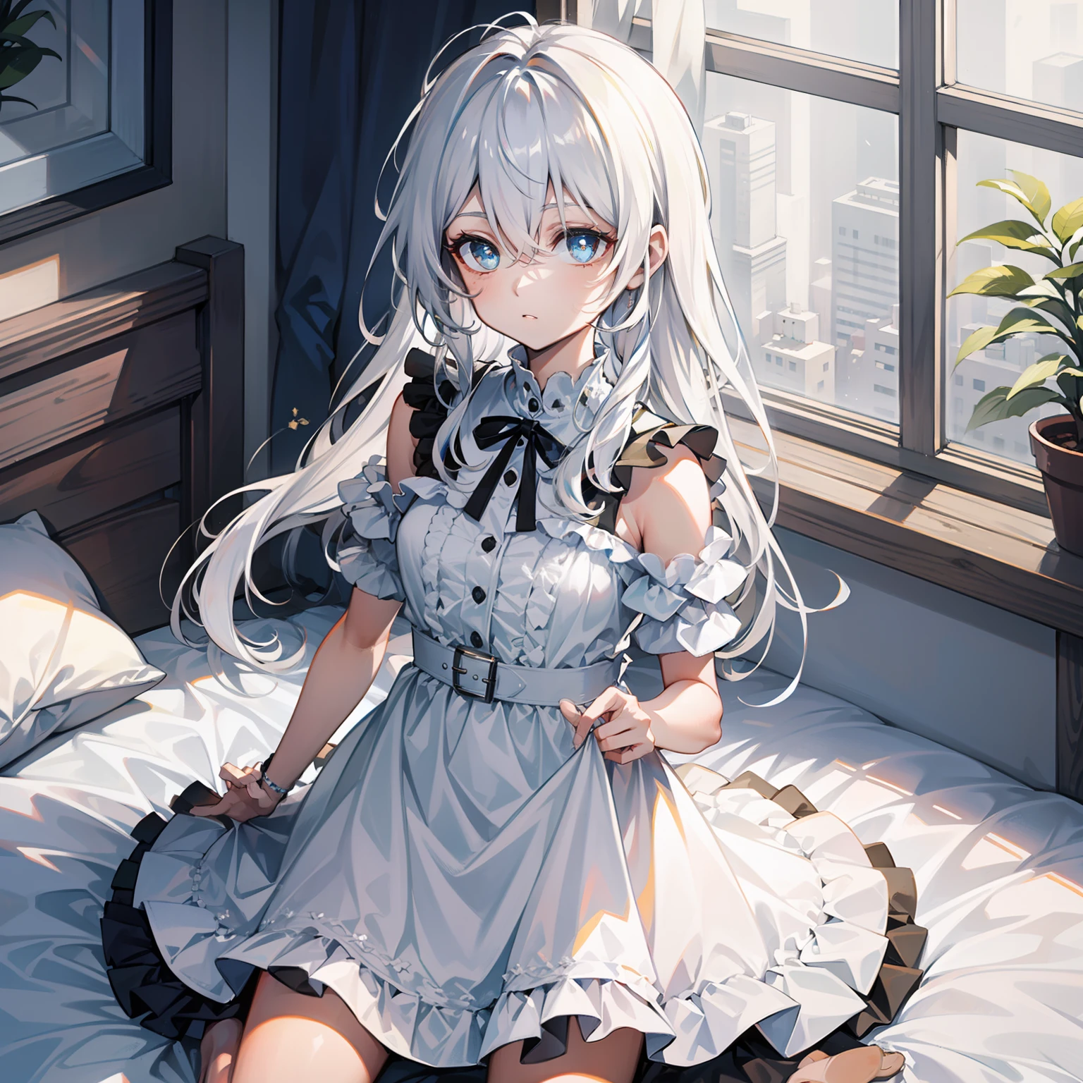 on top of the bed，Kizi，White color hair，white dresses，Blue pupil