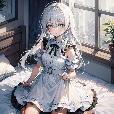 on top of the bed，kizi，white color hair，white dresses，blue pupil