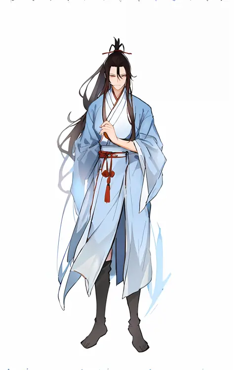 Anime characters with long hair and blue robes holding a fan, flowing hair and long robes, full-body wuxia, inspired by Wu Daozi...