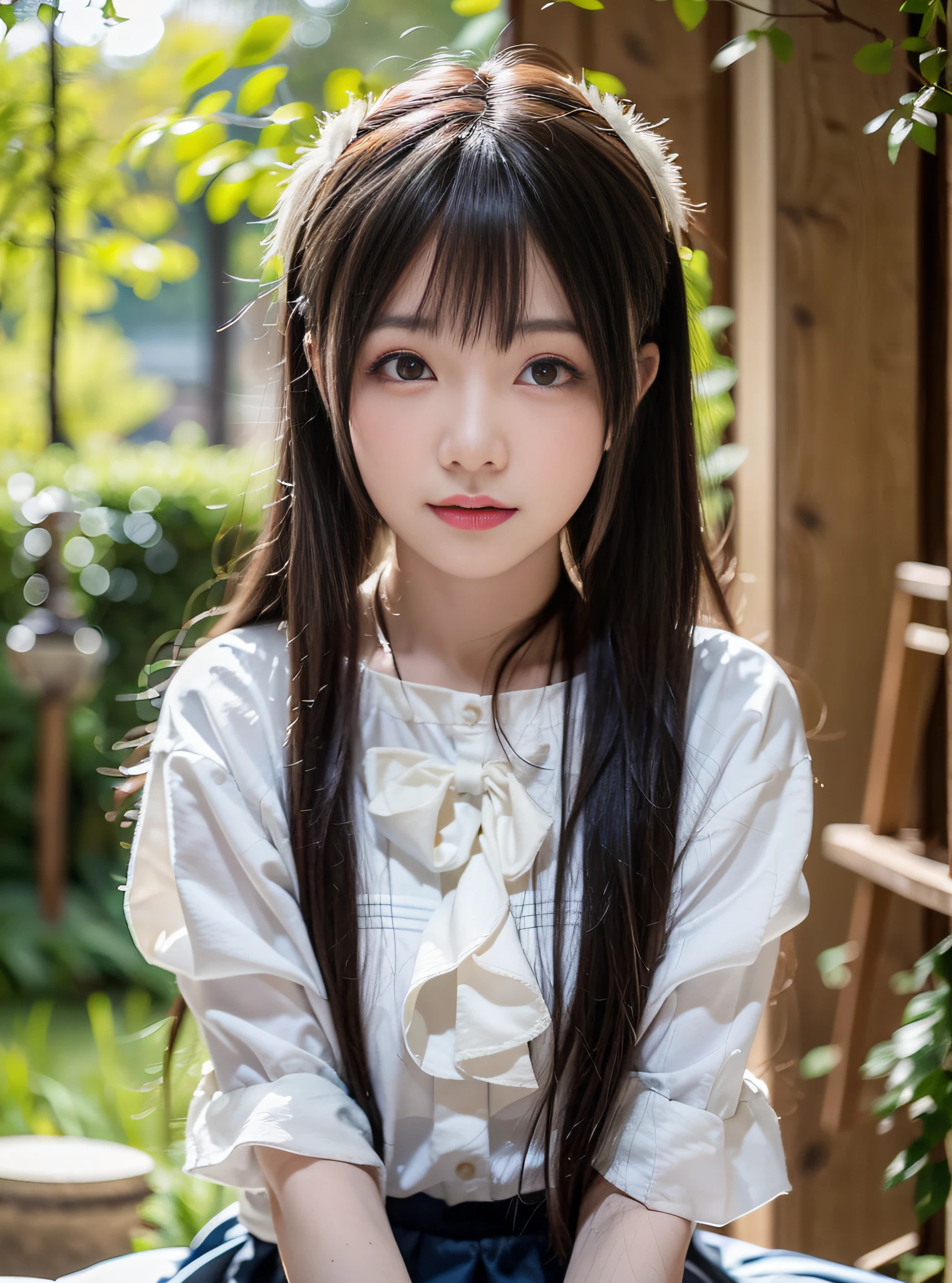 (masutepiece, top-quality:1.32), (Ultra High Quality, 超A high resolution: 1.3), (CG Unity 8k wallpapers:1.2), (Detailed eyes and skin:1.35), (detailed facial features:1.25), (Detailed eyes:1.36), precise and perfect human body structure, (Textured skin: 1.26), (Realistic, photographrealistic: 1.27), depth of fields、Film Lighting、Shading by sunlight、
Very cute 16 year old girl、Cute jaw、solo、Sauce order, long eyeslashes, bags under eyes, brown haired, thick bangs, curlyhair、shinny hair、Show white teeth and smile、
skirt by the、sorcerer、long boots、fancy、