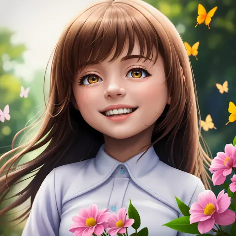 a smiling little girl, Emma, ​​with bright brown eyes and flowing hair, She is surrounded by flowers and butterflies, feeling of joy (masterpiece:1.2) (photorealistic: 1.2) (bokeh) (best quality) (detailed skin: 1.3) (intricate details) (8k) (cinematic lig...