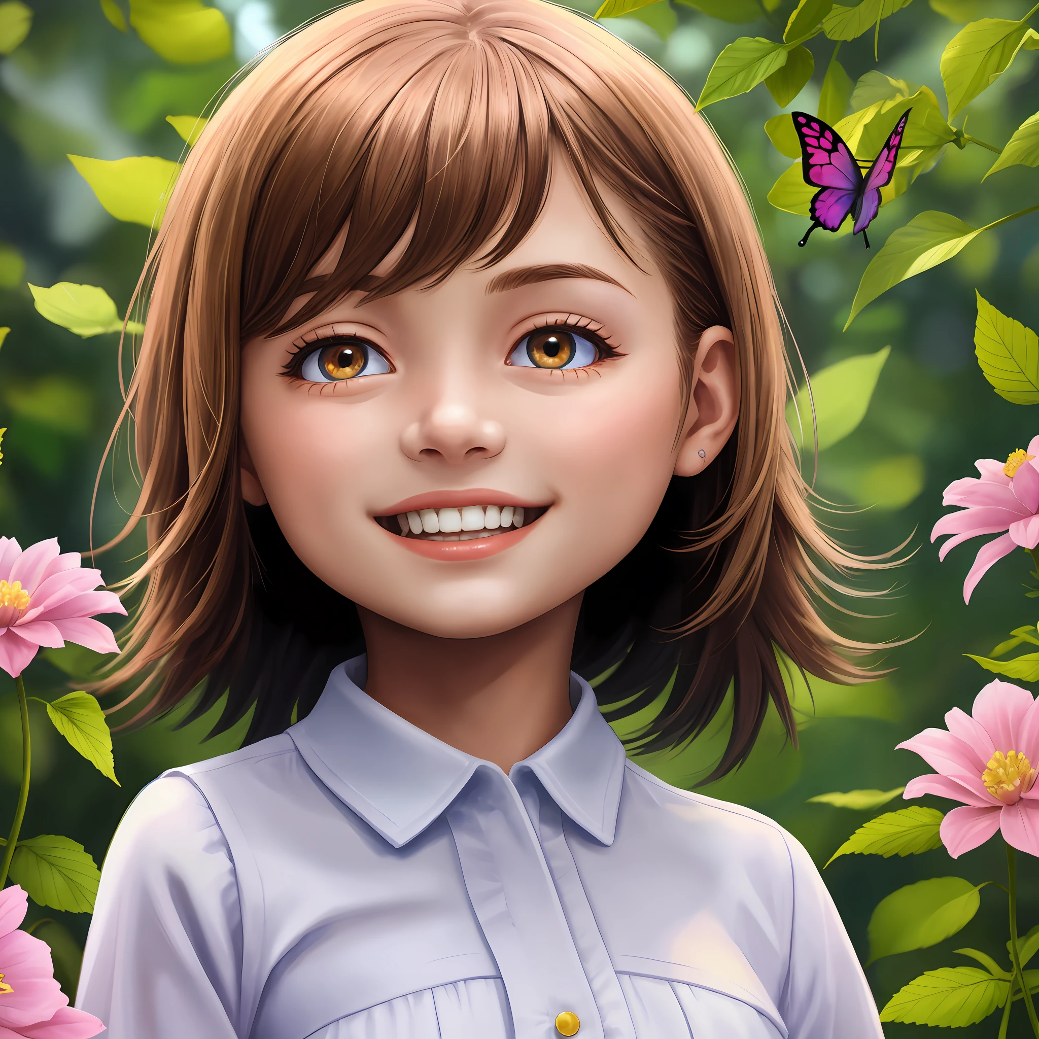 a smiling , Emma, ​​with bright brown eyes and flowing hair, She is surrounded by flowers and butterflies, feeling of joy (masterpiece:1.2) (photorealistic: 1.2) (bokeh) (best quality) (detailed skin: 1.3) (intricate details) (8k) (cinematic lighthing) (sharp focus)