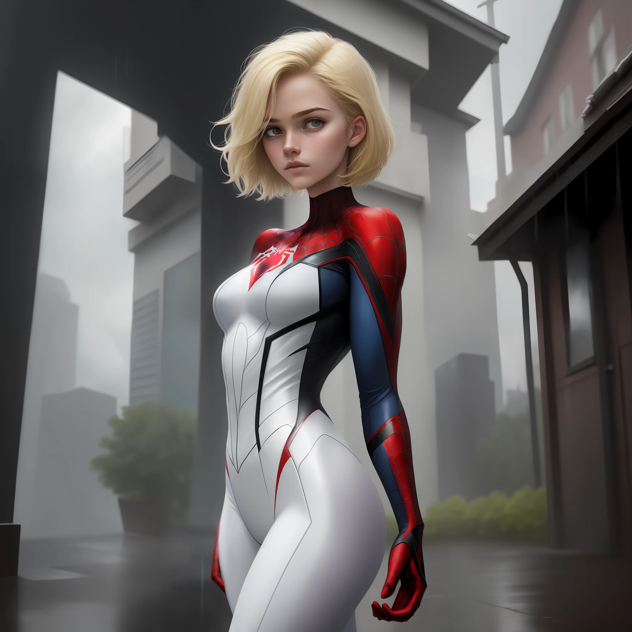 A woman in a spider - man suit standing in front of a building - SeaArt AI