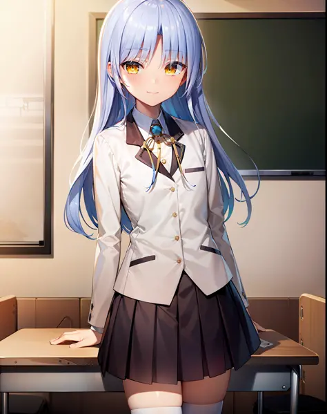 ((masterpiece)), ((best quality)), ((highres)), ((extremely detailed CG unity 8k wallpaper)), solo, tachibana kanade, black skirt, white socks, small smile, classroom