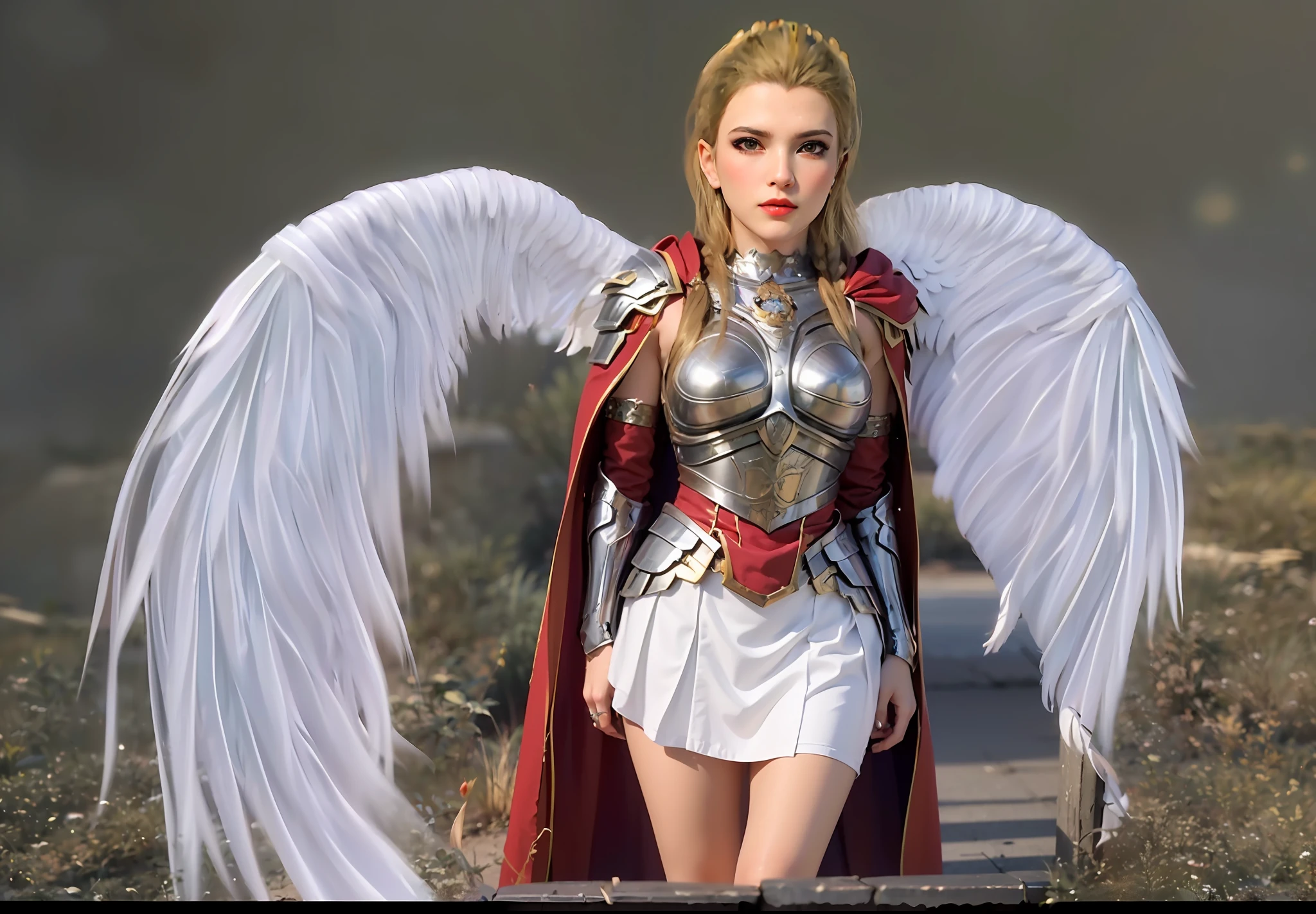 (RAW photo:1.2),(sky, flying,white Wings of Angels :1.5),(hair_ornament,hairclip,jewelry),(arms behind back:1.4),(lightning,electricity),
(necklace),(earrings),(Perfect body:1.1),detailed clothing texture,(crown:1.5),
Milk-like skin,(ultra high res,realistic, photo-realistic:1.3),(armor,skirt,red cape:1.3),
masterpiece,an extremely delicate and beautiful,CG,unity,mature female,
finely detail,extremely detailed CG unity 8k wallpaper,huge filesize,(1girl),(solo),(looking at viewer:1.5),
(full body:1.1),