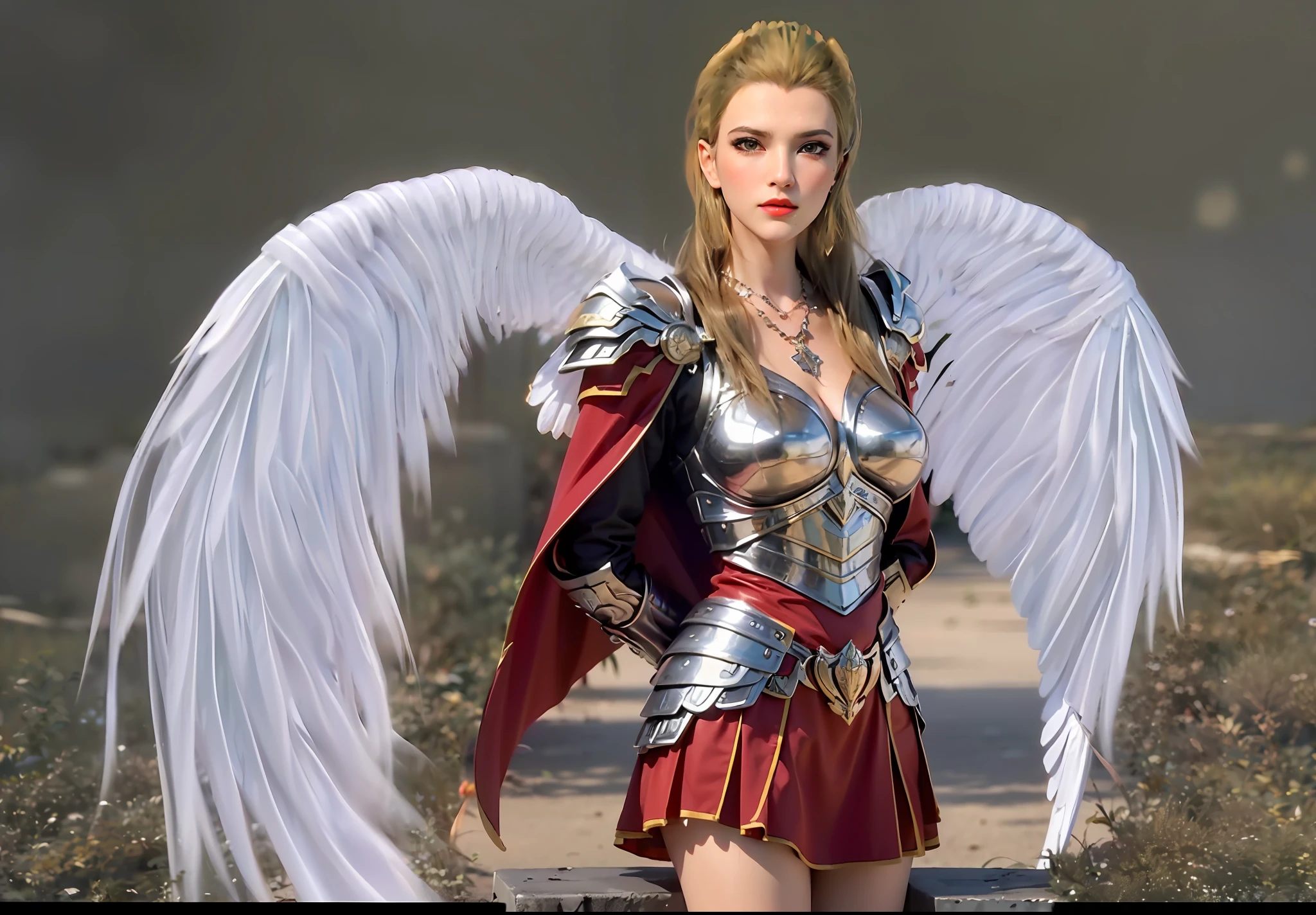 (RAW photo:1.2),(sky, flying,white Wings of Angels :1.5),(hair_ornament,hairclip,jewelry),(arms behind back:1.4),(lightning,electricity),
(necklace),(earrings),(Perfect body:1.1),detailed clothing texture,(crown:1.5),
Milk-like skin,(ultra high res,realistic, photo-realistic:1.3),(armor,skirt,red cape:1.3),
masterpiece,an extremely delicate and beautiful,CG,unity,mature female,
finely detail,extremely detailed CG unity 8k wallpaper,huge filesize,(1girl),(solo),(looking at viewer:1.5),
(full body:1.1),