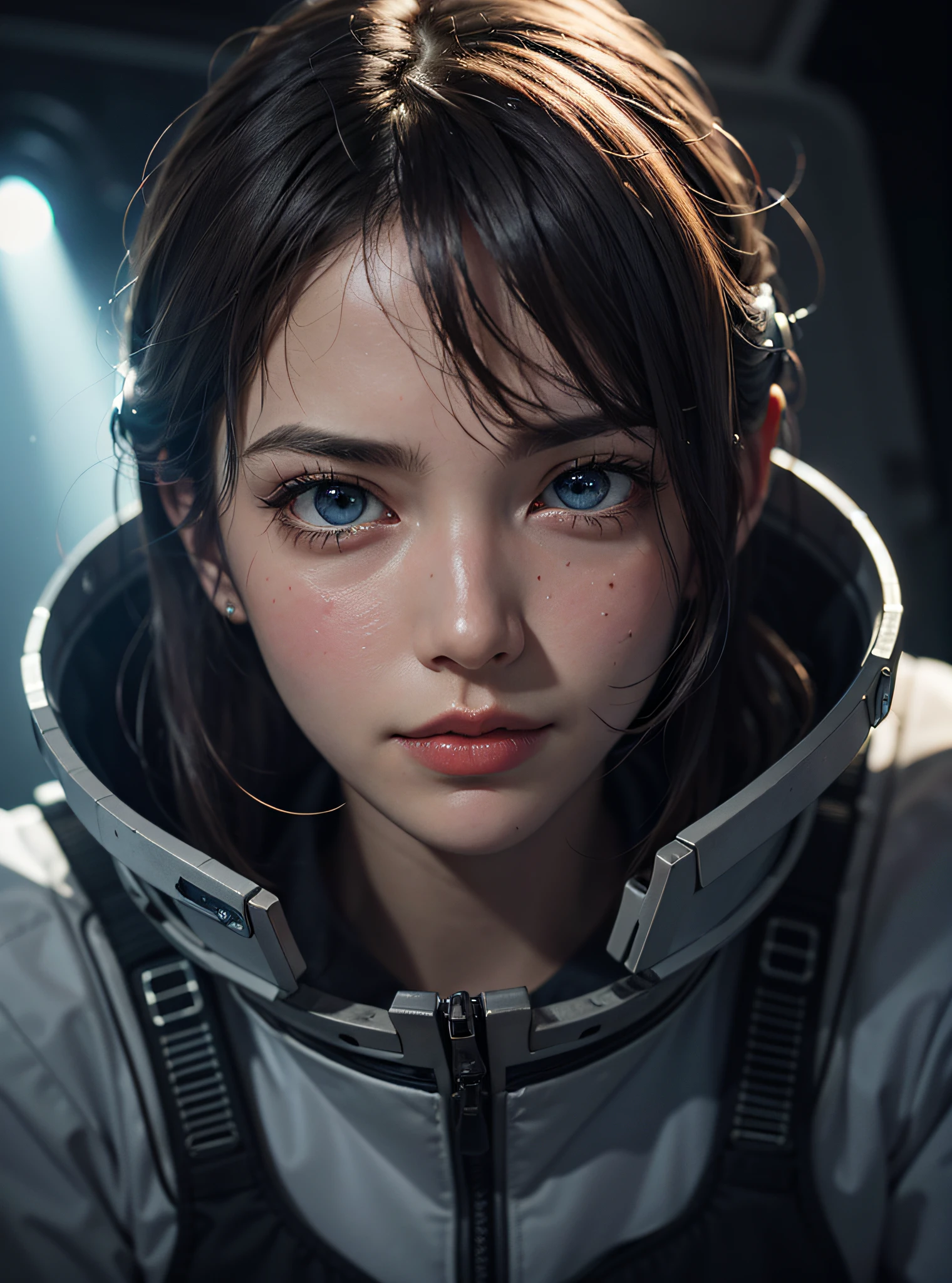 Hyper-realistic, dramatic, and cinematic portrait of a (determined) woman, with (short, tousled brunette) hair, detailed (intense, steel blue) eyes, and a detailed, resolute face, (capturing the essence of her courage and resolve in the face of danger), reminiscent of a still from the classic movie "Alien," showcasing intricate skin texture, (sweat glistening on her forehead and a clenched jaw), and strong features, (including the sharp contour of her cheekbones and the furrowed brow), (wearing a utilitarian, worn space suit with an atmospheric, dimly lit spaceship interior in the background), realistic, hyper realistic, highly detailed, depth of field, Detailed and Intricate, Photo, HD, Cinematic, Dynamic Lighting, (bokeh), ((captivating)), lens flare, (god rays:1.1), (cinema effect)
, ((detailed face and eyes)),