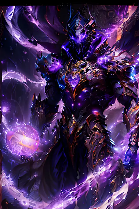 a picture of a man with a purple robe and a purple ball, purple glowing core in armor, league of legends character, nocturne fro...