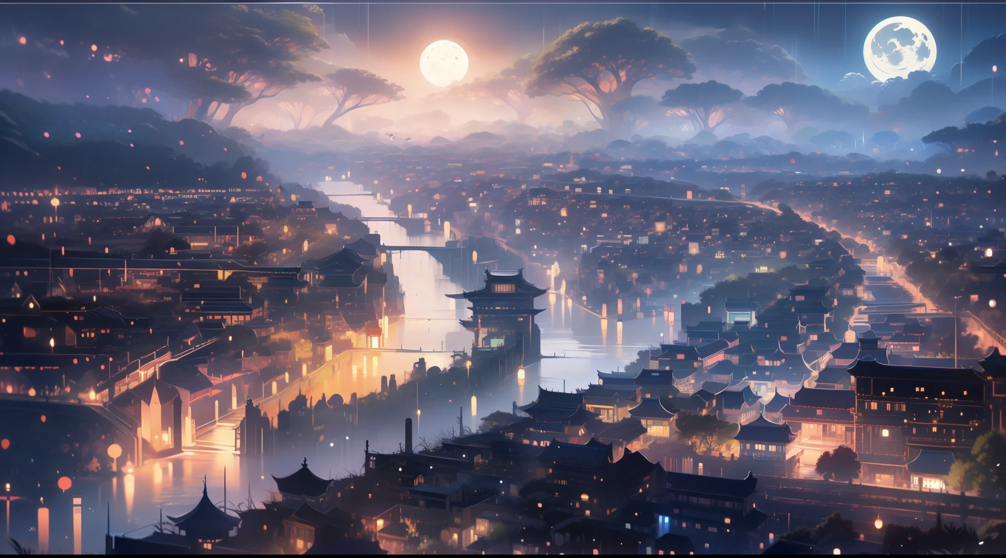 high-definition picture quality, high qulity, tmasterpiece, in a panoramic view, Jiangnan Water Town, alley, flowingwater, das boot, Antique background, the night, Moon, rainy scene, Cinematic lighting, hyper HD, 1080p, Anatomically correct, High quality, A high resolution