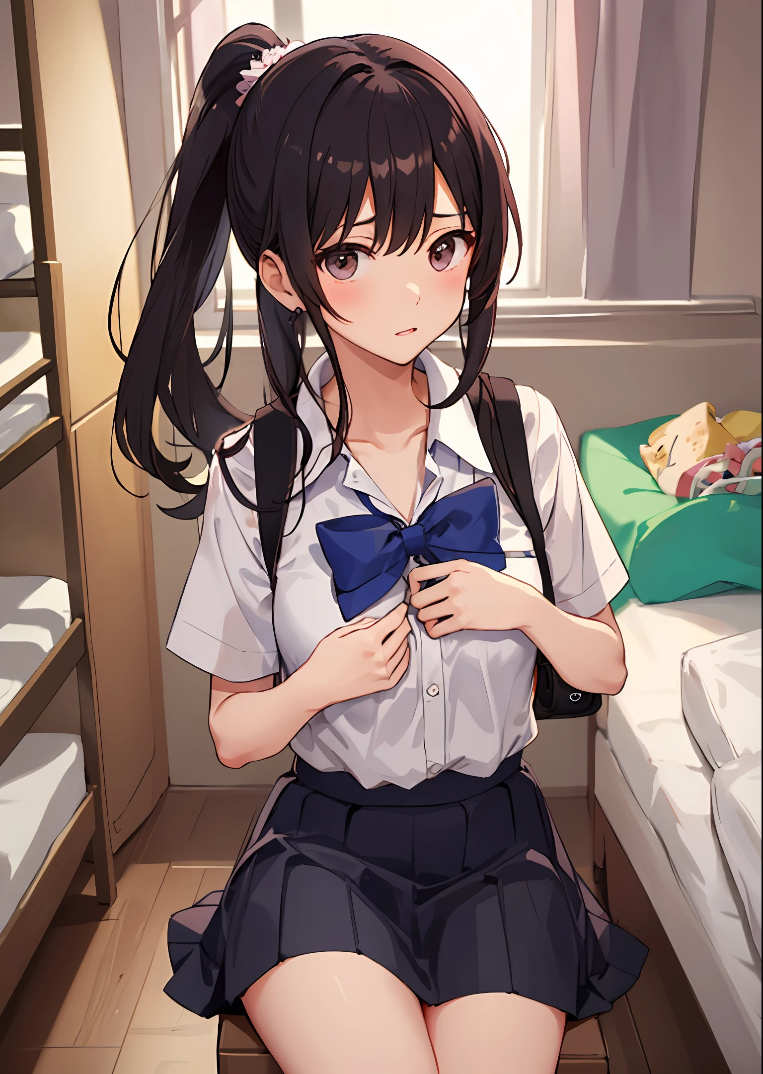 Anime girl in uniform sitting on the floor in a room - SeaArt AI