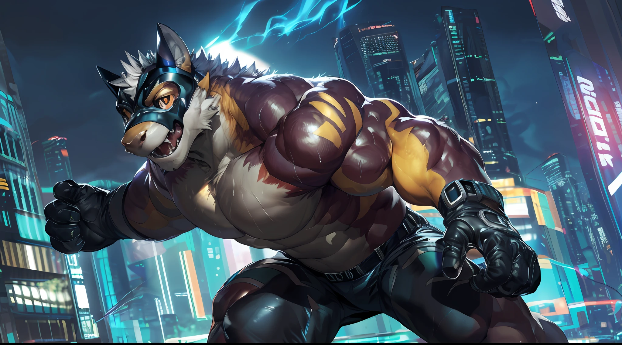 2d, masterpiece, best quality, 4k, 8k, ultra highres, raw photo in hdr, sharp focus, photo realism ,real life like, in a night city, detailed background, solo, topless, (gloves, mask, skin tight), big pink, sweat, (by null-ghost, by thebigslick, by darkgem, by honovy), Red dragon anthro, male focus, perfect golden eyes, full body,