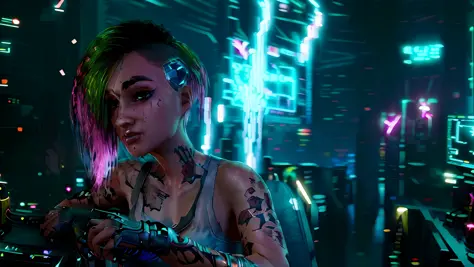 there is a tattooed woman smoking in a dark room, cyberpunk photo, cyberpunk 2 0 y. o model girl, cyberpunk with neon lighting, ...