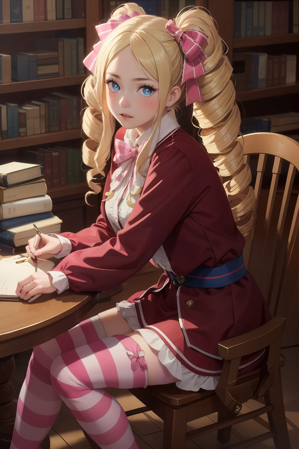 masterpiece, best quality, ultra-detailed, epic lighting, cinematic composition, 1girl, betty, (long blonde hair:1.1), blue eyes, hair ribbon, long sleeves, (striped legwear:1.2), single mini crown, pink bow, ringlets, drill hair, twin drills, symbol-shaped pupils, sitting, looking at viewer, library, (8k:1.1)