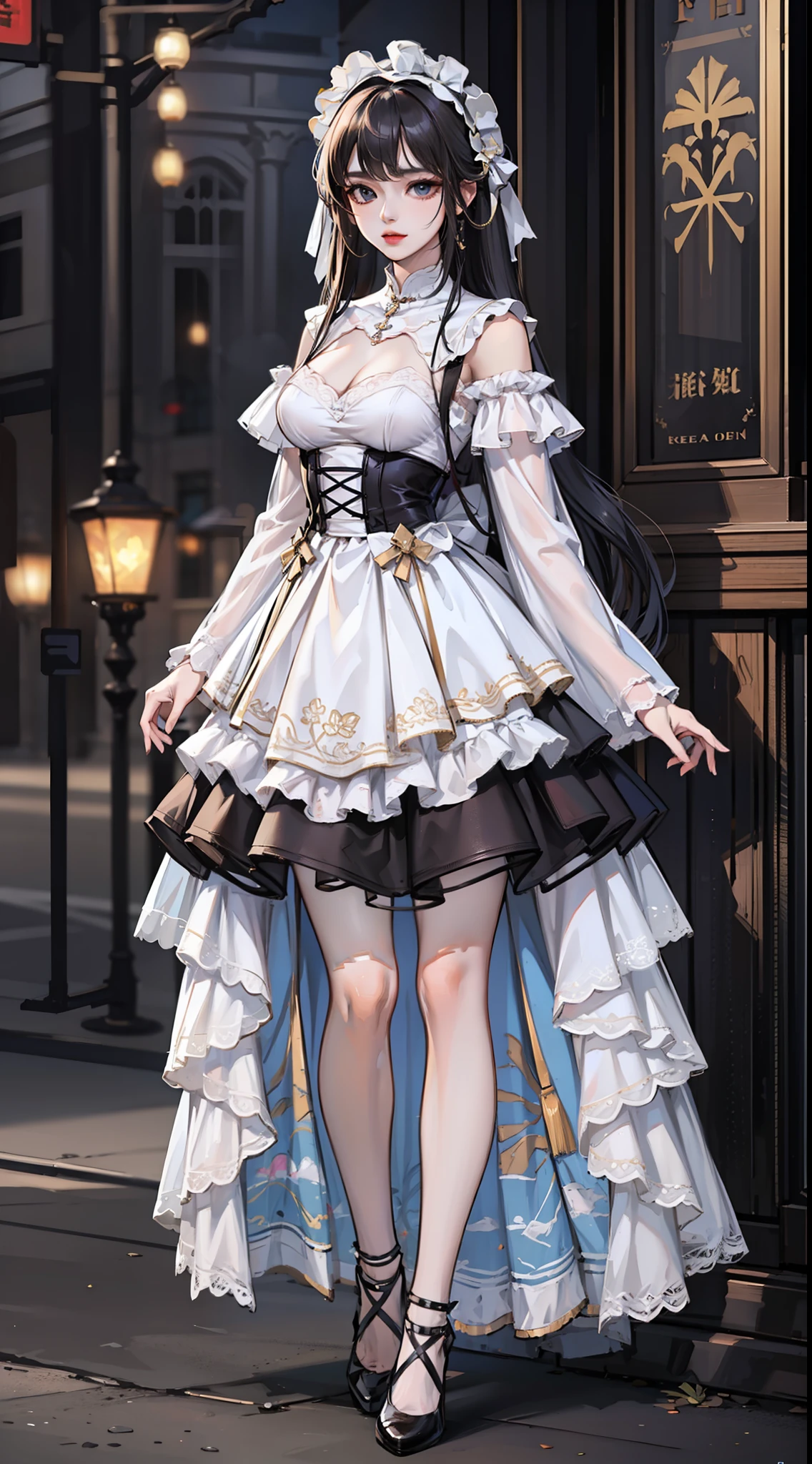 1 woman、Full body standing painting、Clear face，Lolita prostitute，Gorgeous costumes、Accessories，Multi-layered skirt，high detal，cinematic colorgrade，Ultra-high resolution，best qualtiy，Sharp focus，tmasterpiece，（The is very detailed的 CG unified 8k 壁纸）