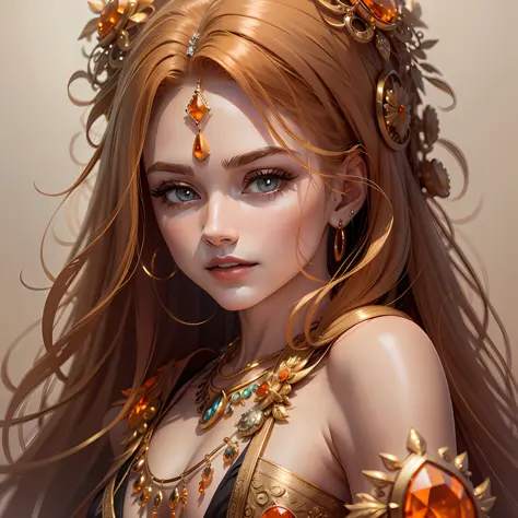 drill hair, blonde hair, tentacle hair, hair bobbles, amber eyes, diamond-shaped pupils, heart-shaped eyes, light smile, shy, happy, glint, earrings, crystal earrings, Verism, Cubism, Contemporary art, Romanticism, high detail, chiaroscuro, ray tracing, ba...