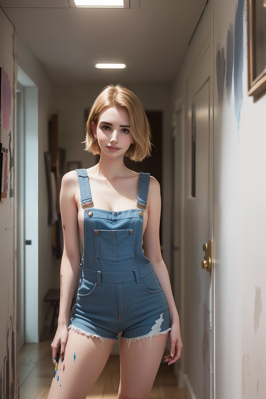 ((Emma Roberts stands in a room and paints the walls with the wall paint blue)), (she has small round breasts), ((nackter overall)), ((tall slender woman)), (kleiner Kopf), ((beautiful detailed face)), ((natural skin texture)), (fotorealistisch), (Raytracing), (scharfer Fokus), (((Blick von oben))),  Brustwarzen