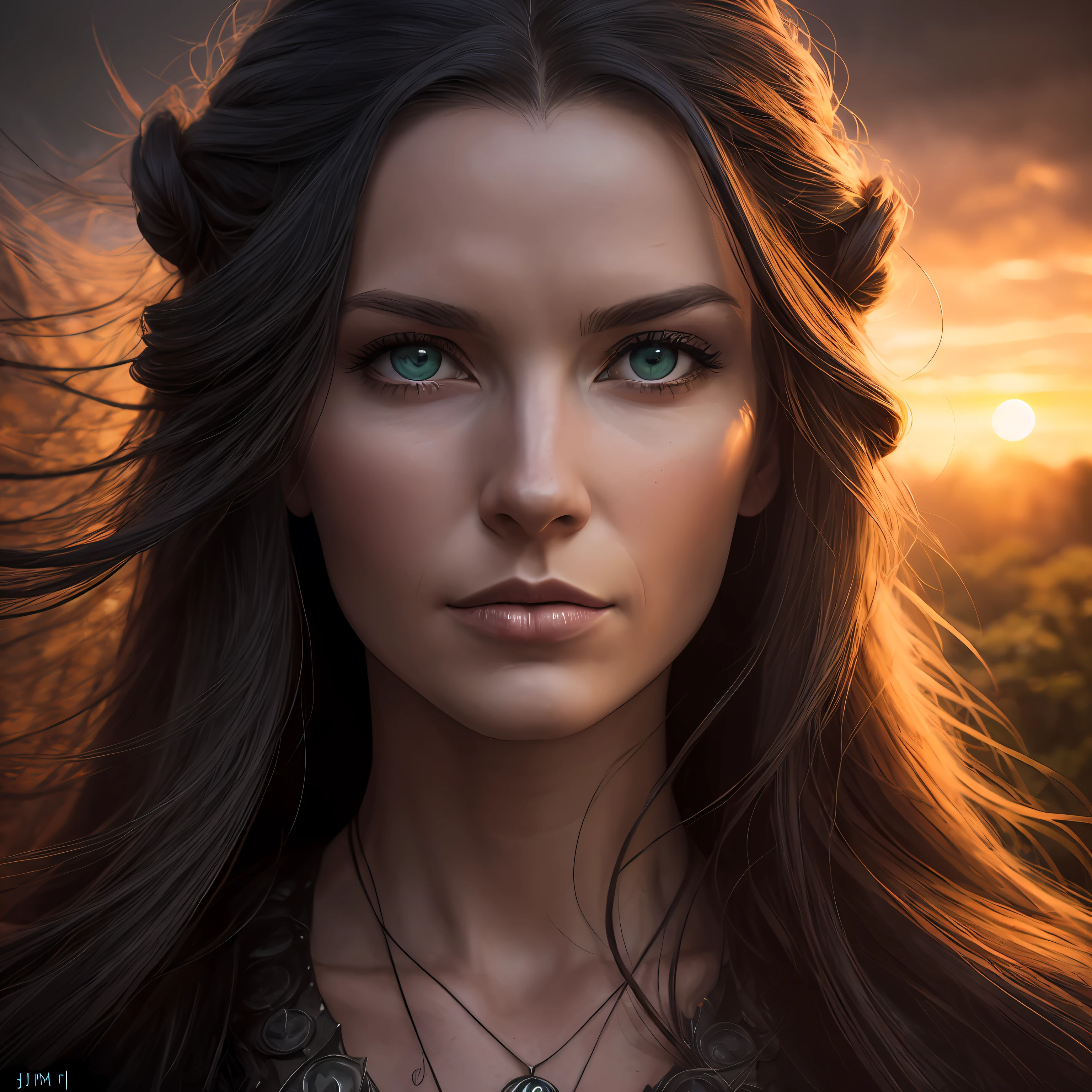 On the side (beautiful Nordic Amazonian woman with hair fluttering in the wind: 1.1) portrait, dark forest, waterfall, sunset, symmetry art sharp art, dammford style, HDR, realism, dark fantasy atmosphere, Lovecraft style, (JimJorCrafLogo art style: 1.3), (close-up view), sharp focus --auto