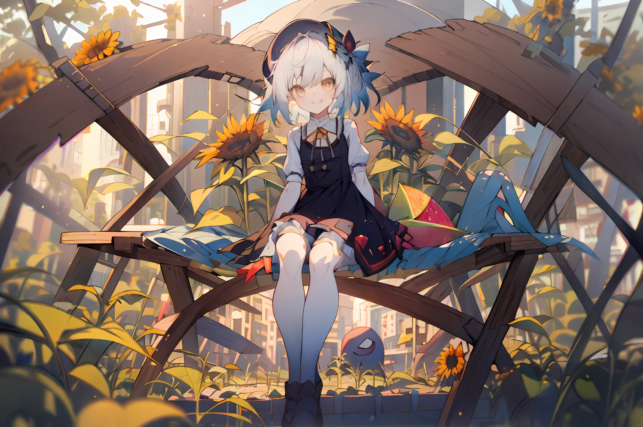 Anime girl sitting on a bench with sunflowers in the garden, Guviz, Guweiz in Pixiv ArtStation, Guweiz on ArtStation Pixiv, Guviz-style artwork, Loli, style of anime4 K, trending on artstation pixiv, small loli girl, Anime art wallpaper 4k, Anime art wallpaper 4 K，Melon seed face