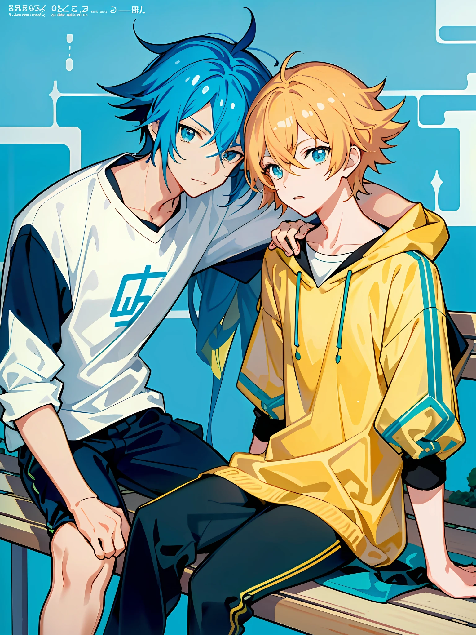 anime boy and girl sitting on a bench with their arms around each other, 2 d anime style, yellow and blue, Cute boys, in blue and yellow clothes, some yellow and blue, Beautiful Boys, coloured manga scan, blue and yellow, yellow and blue and cyan, Blue and gold, Two anime handsome men, 2 D Anime