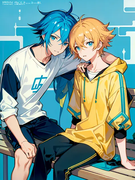 anime boy and girl sitting on a bench with their arms around each other, 2 d anime style, yellow and blue, Cute boys, in blue an...