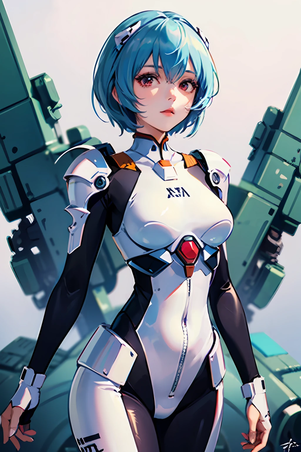 ((masuter piece)),top-quality, illustratio, beatiful detailed eyes, beautiful detailed hair, Floating hair, 1girl in, ayanami, shorth hair, s Armor, deadpan, skiny, solo, turtle neck, body suit, mechs, City, a park