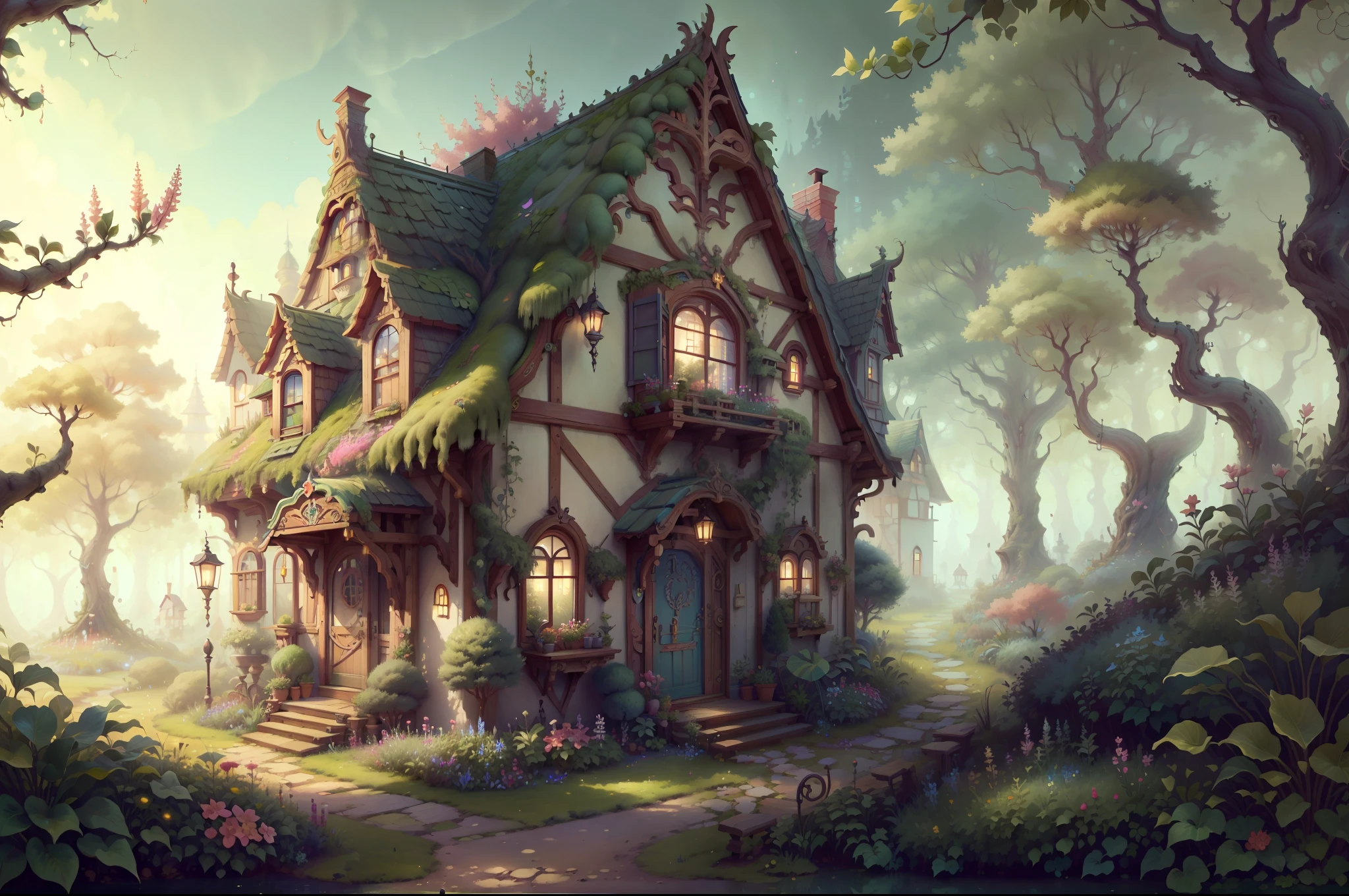 FairyTaleAI  masterpiece, trending, 8K .cottage was nestled among the trees and surrounded by a beautiful garden filled with colorful flowers.