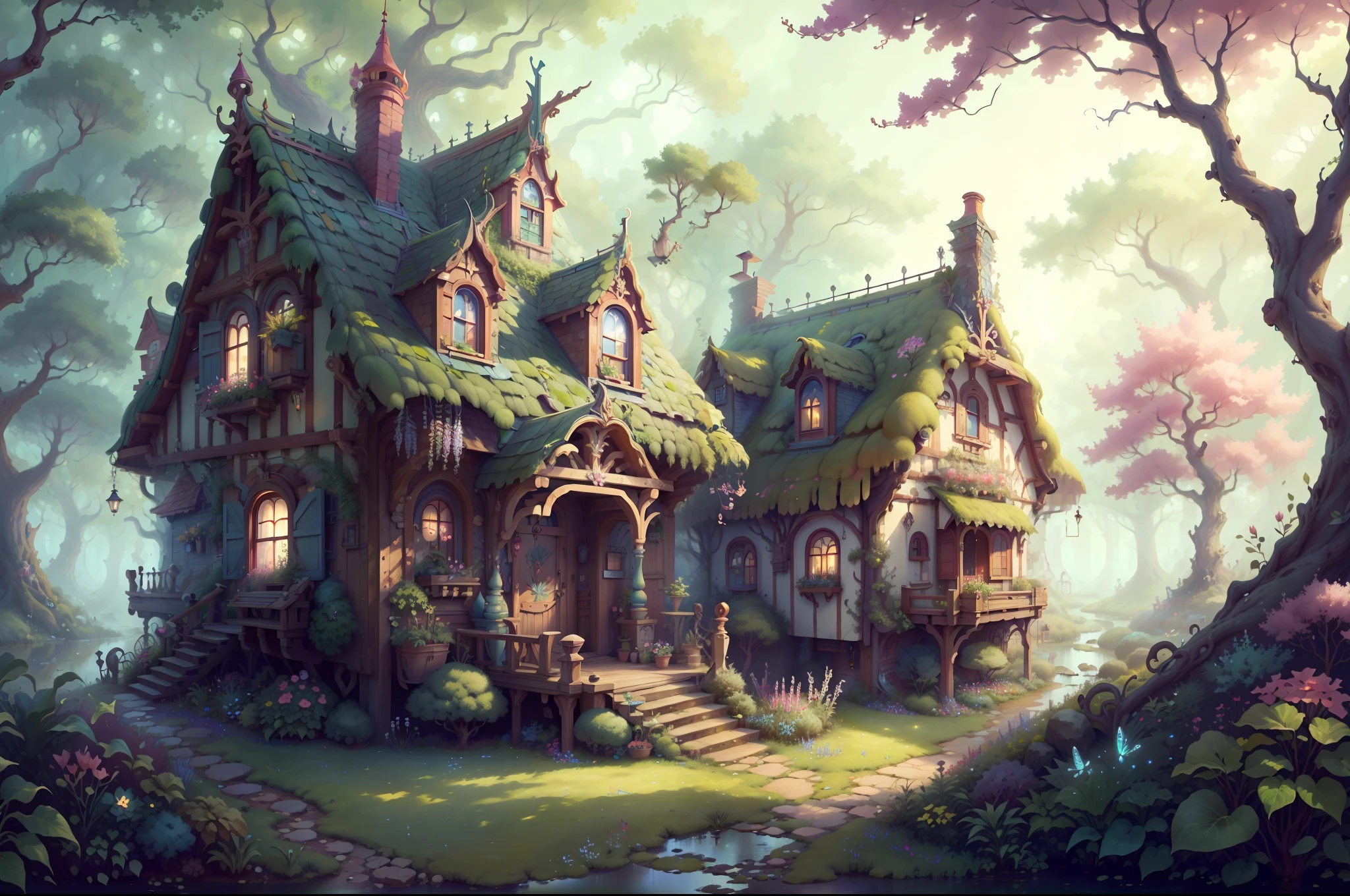 FairyTaleAI-Meisterwerk, Beliebt, 8K .Das Cottage lag eingebettet zwischen den Bäumen und war von einem wunderschönen Garten mit bunten Blumen umgeben.