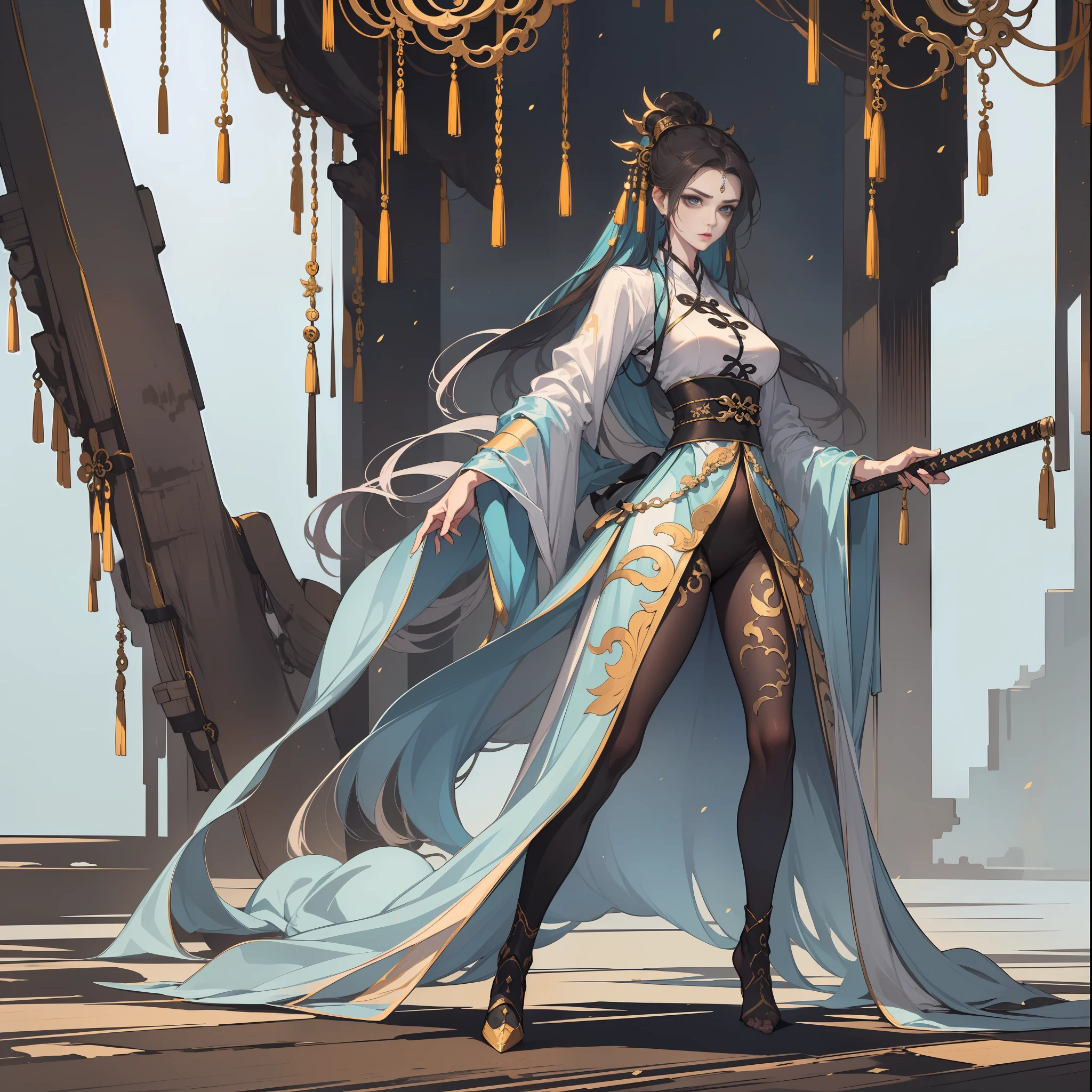 (quality:super high image quality+Vivid and natural standing colors),(Graphic style:Xianxia+narrative+Beautiful),(Presentation modus:Magnificent+Combative),(Scenes:An ethereal and secluded void),(figure:A woman with a beautiful figure),(Character characteristics:Full of fairy+exaggerated poses+holding a longsword+White shirt),(Background with:white backgrounid),(shot of:full body shot shot)