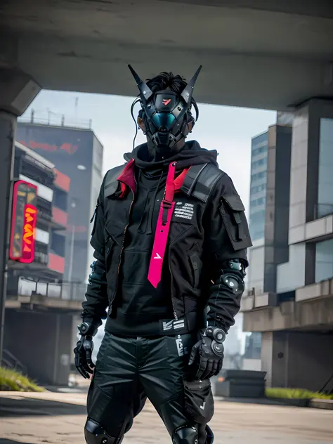 un primer plano de un hombre con una chaqueta cyberpunk, cyber implants, una pistola y un estilo techwear occultist. the man wea...