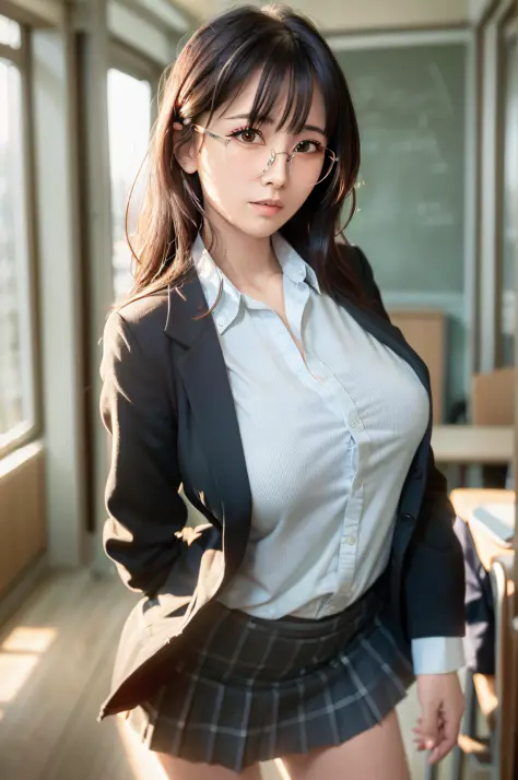 25 years old woman(glasses eyes), milf, ((at classroom)), ((school uniform)), RAW photo, (photorealistic:1.37, realistic), highl...