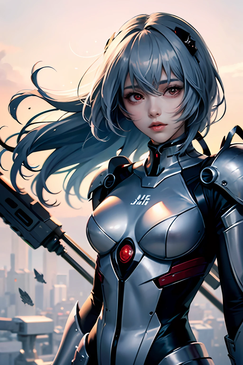 ((masuter piece)),top-quality, illustratio, beatiful detailed eyes, beautiful detailed hair, Floating hair, 1girl in, ayanami, shorth hair, s Armor, deadpan, skiny, solo, turtle neck, body suit, mechs, City, a park